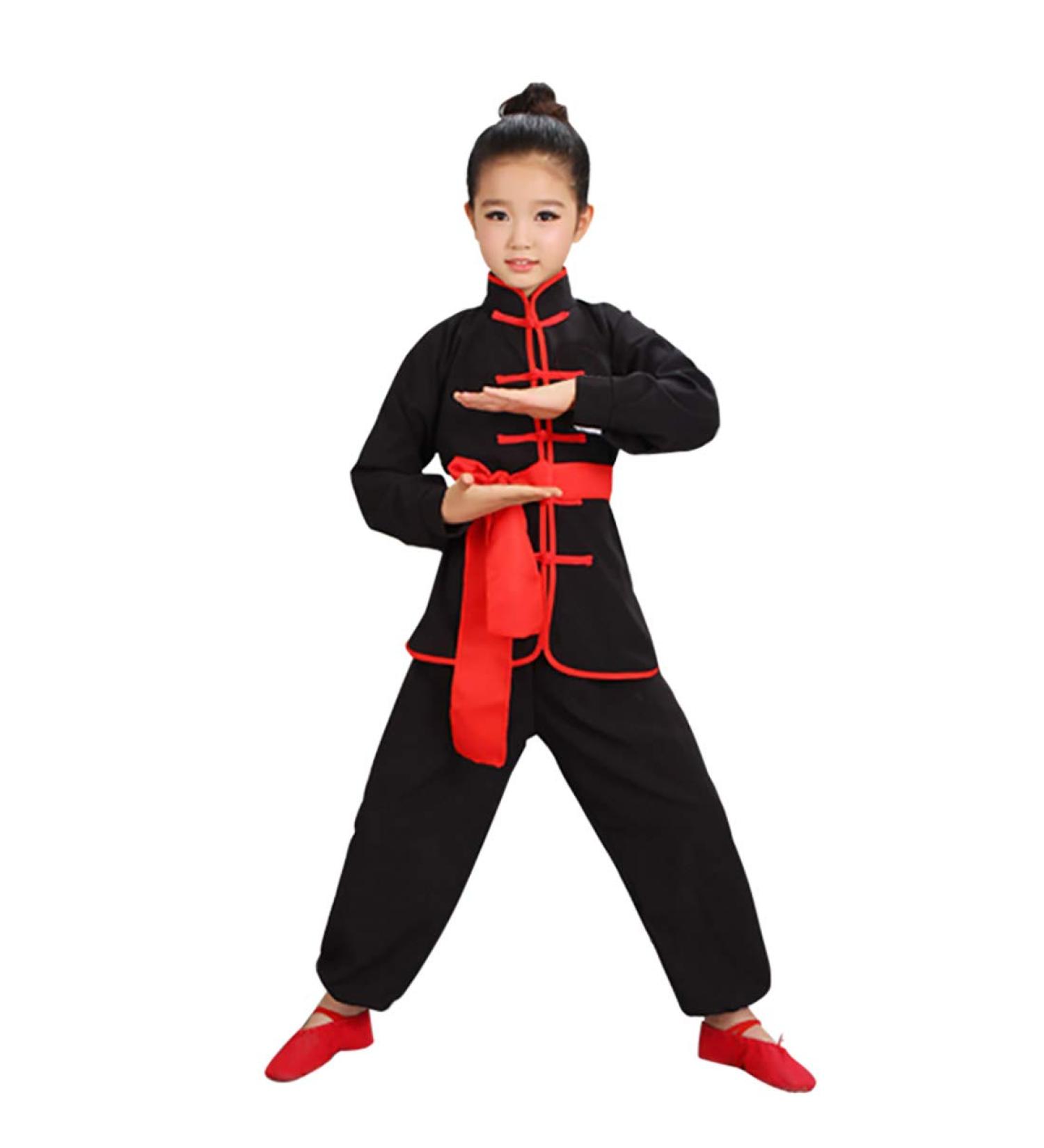Kids Kung Fu Suit Tai Chi Uniform Chinese Martial Art Wing Chun Taichi Clothing Set Performance Wear for Boys and Girls Black(long Sleeve) Large
