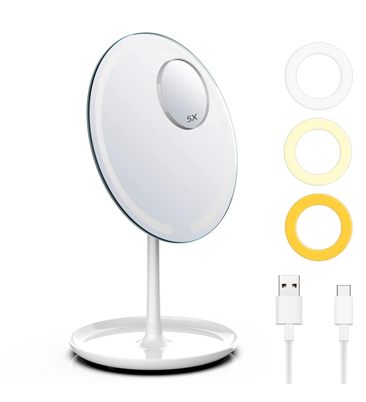 Large Tall Round Lighted Makeup Mirror with 58 LED Lights - 3-Color Dimmable, Cordless, Rechargeable, 5X Magnifying Mirror - Buy Online on GoSupps.com