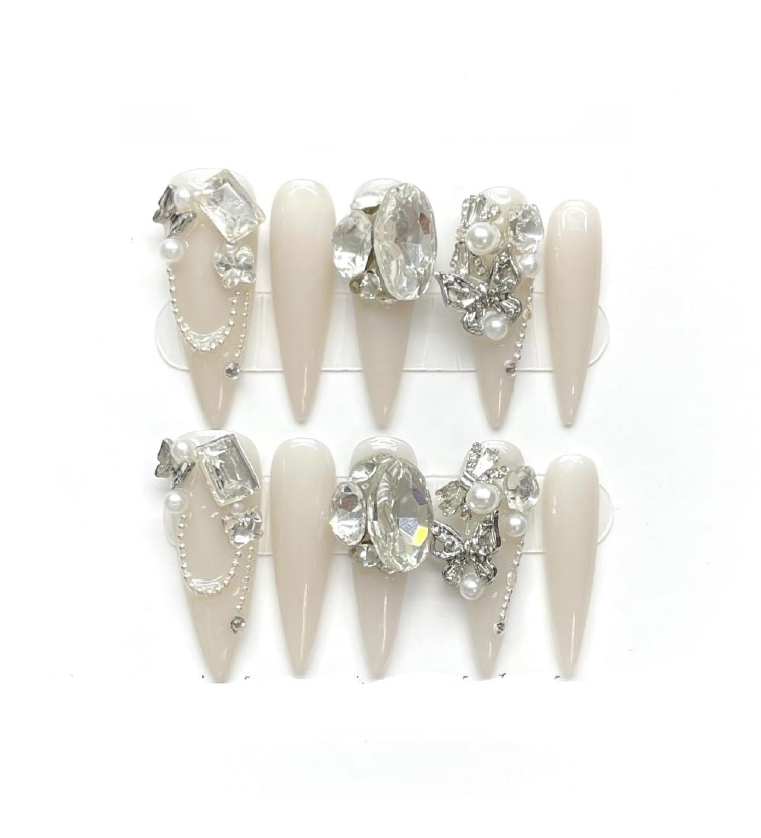 Full Diamond Nail Decoration Dove Bridal Wedding Nail Handmade Wearing Nail Decoration Removable False Nail Patch(White M)