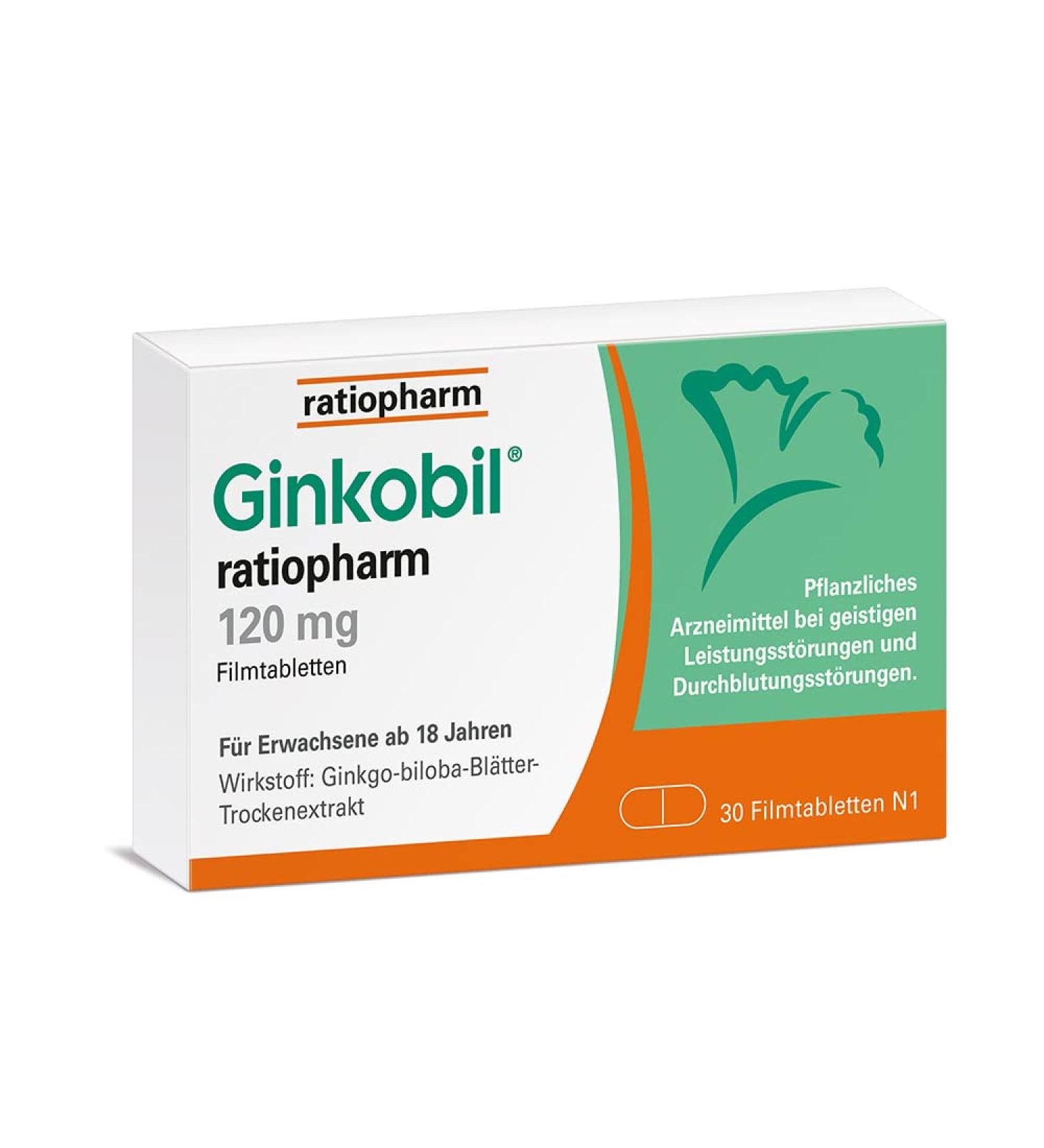Ginkobil Ratiopharm 120 mg - Boost Memory & Concentration with Ginkgo Biloba | 30 Film-Coated Tablets - International Shipping Available - Buy Online on GoSupps.com