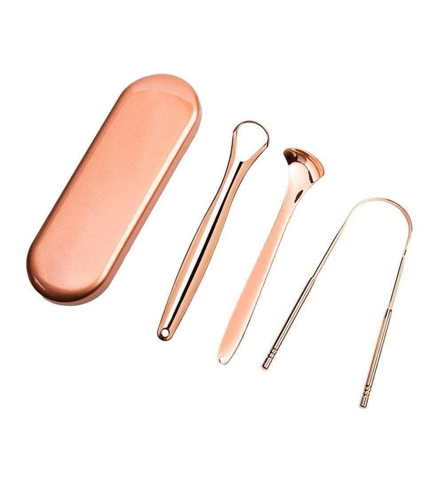 New 3-Part Tongue Cleaner Kit - Travel Suitcase Steel Scraper & Metal Brush - Dental Care Tool in Rose Gold - Buy Online on GoSupps.com