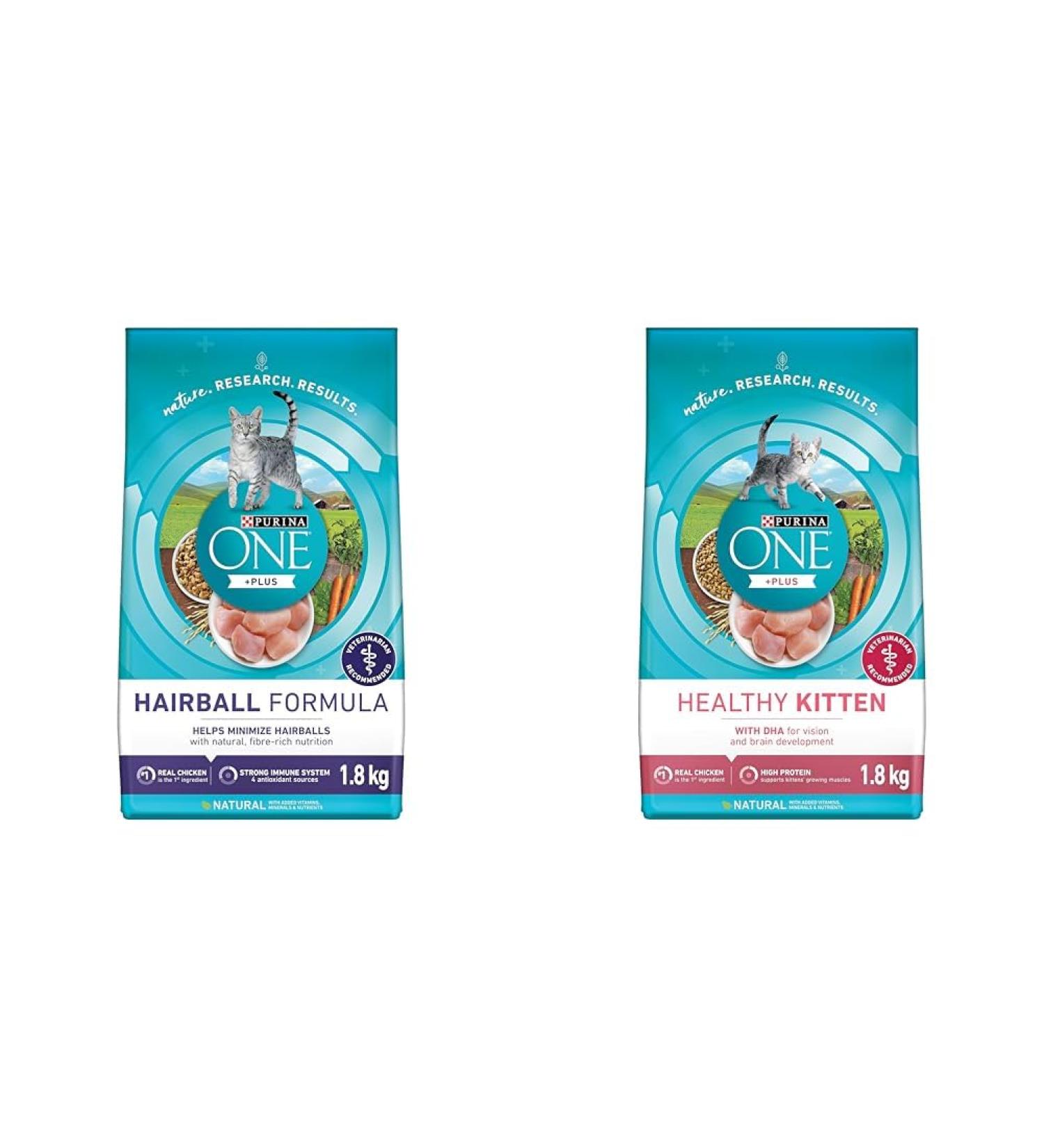 Purina ONE Dry Cat Food Hairball Formula 1.8 kg & Healthy Kitten Food Dry Cat Food 1.8 kg - Buy Online on GoSupps.com