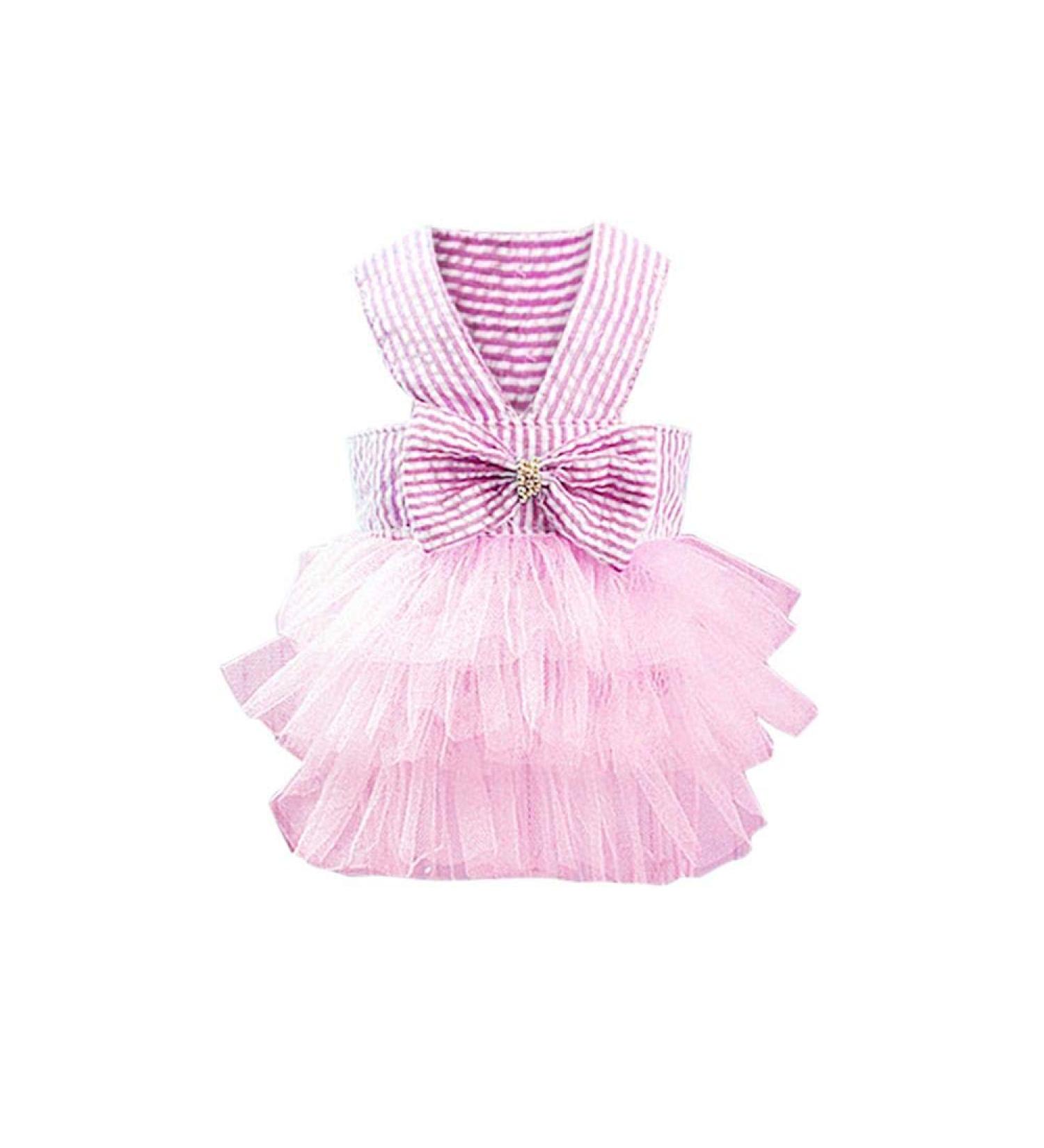 Doublehero Dog Bubble Rock Summer Stripes Lace Dress | Cute Sleeveless Vintage Clothing for Dogs | Princess Halloween & Christmas Outfits in Pink - Buy Online on GoSupps.com