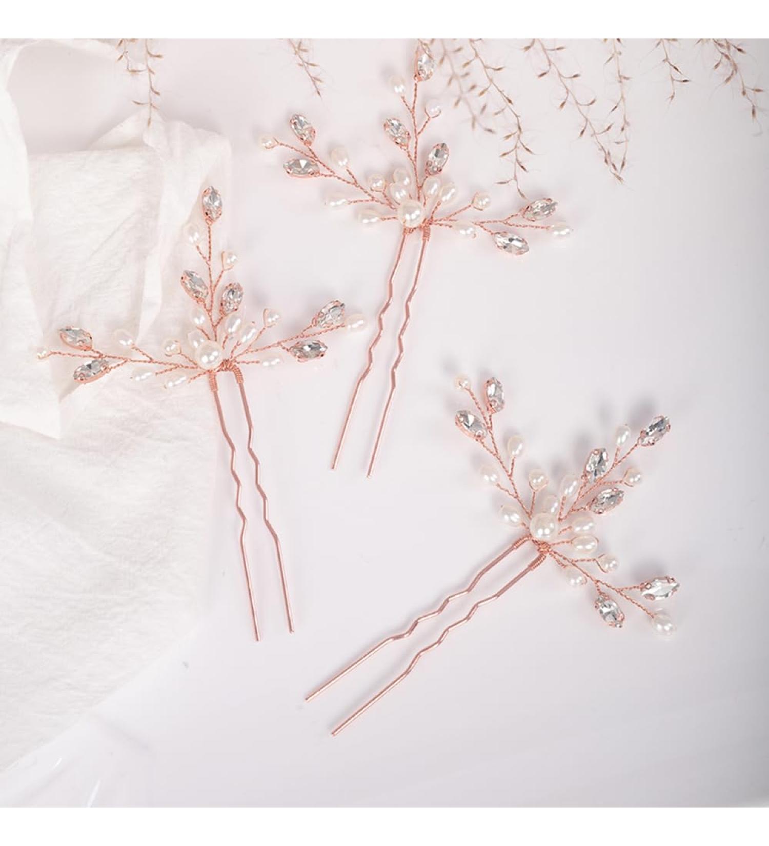 Chargances Crystal Bridal Pearl Hair Pins Set Wedding Rhinestone Hair Pins Elegant Pearl Beaded Wedding Hair Accessories for Women and Girls (Rose Gold) - Buy Online on GoSupps.com