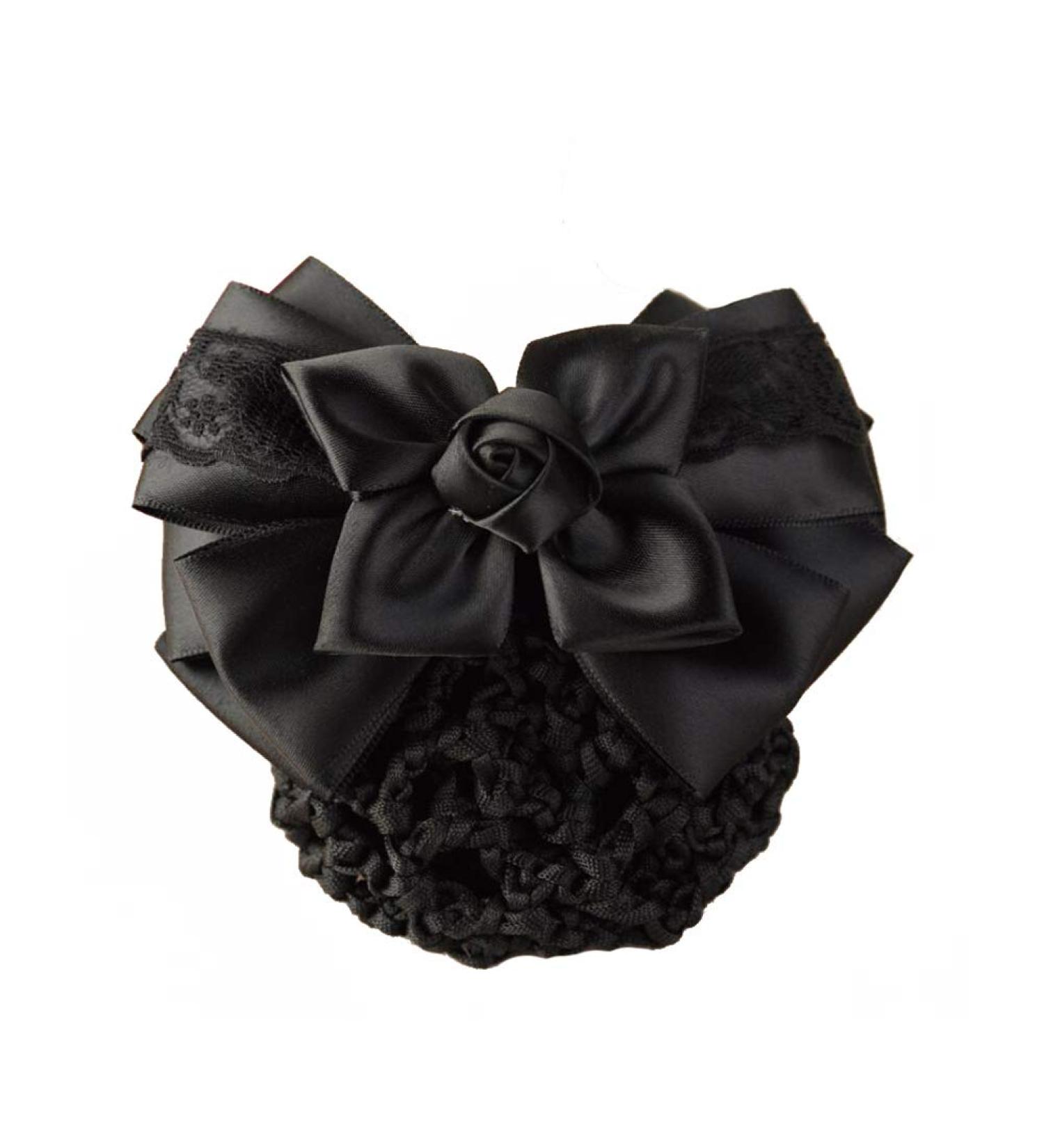 Black Bowknot Hair Bun Cover Net - Satin Ribbon French Clip for Women - Hair Accessories for Stewardess, Banks, Hotels - Buy Online on GoSupps.com