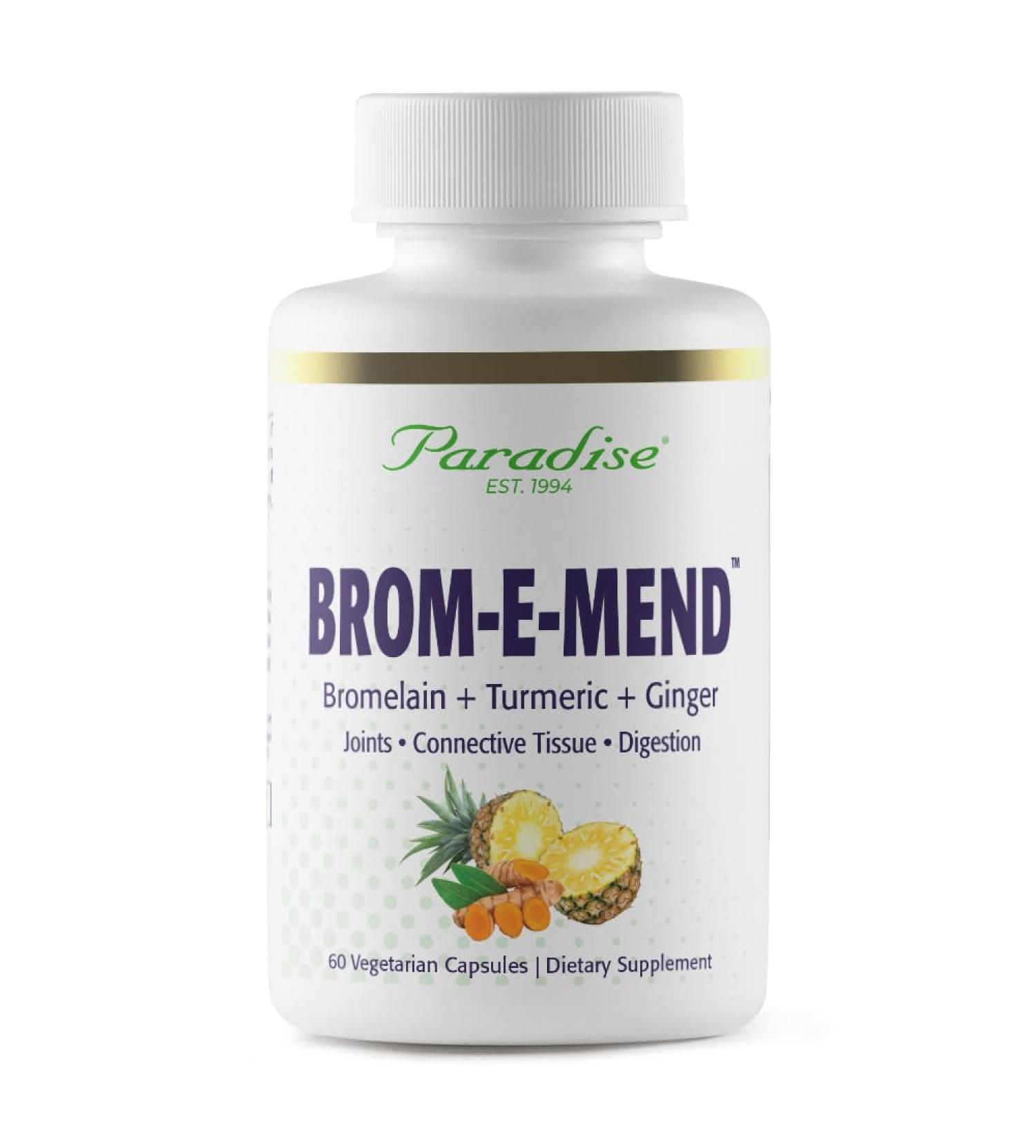 Paradise Herbs Bromelain Supplement, Brom-E-Mend, with Turmeric, Bromelain and Ginger, Vegan, Non-GMO, Gluten Free, 60 Vegetarian Capsules 60 Count (Pack of 1)