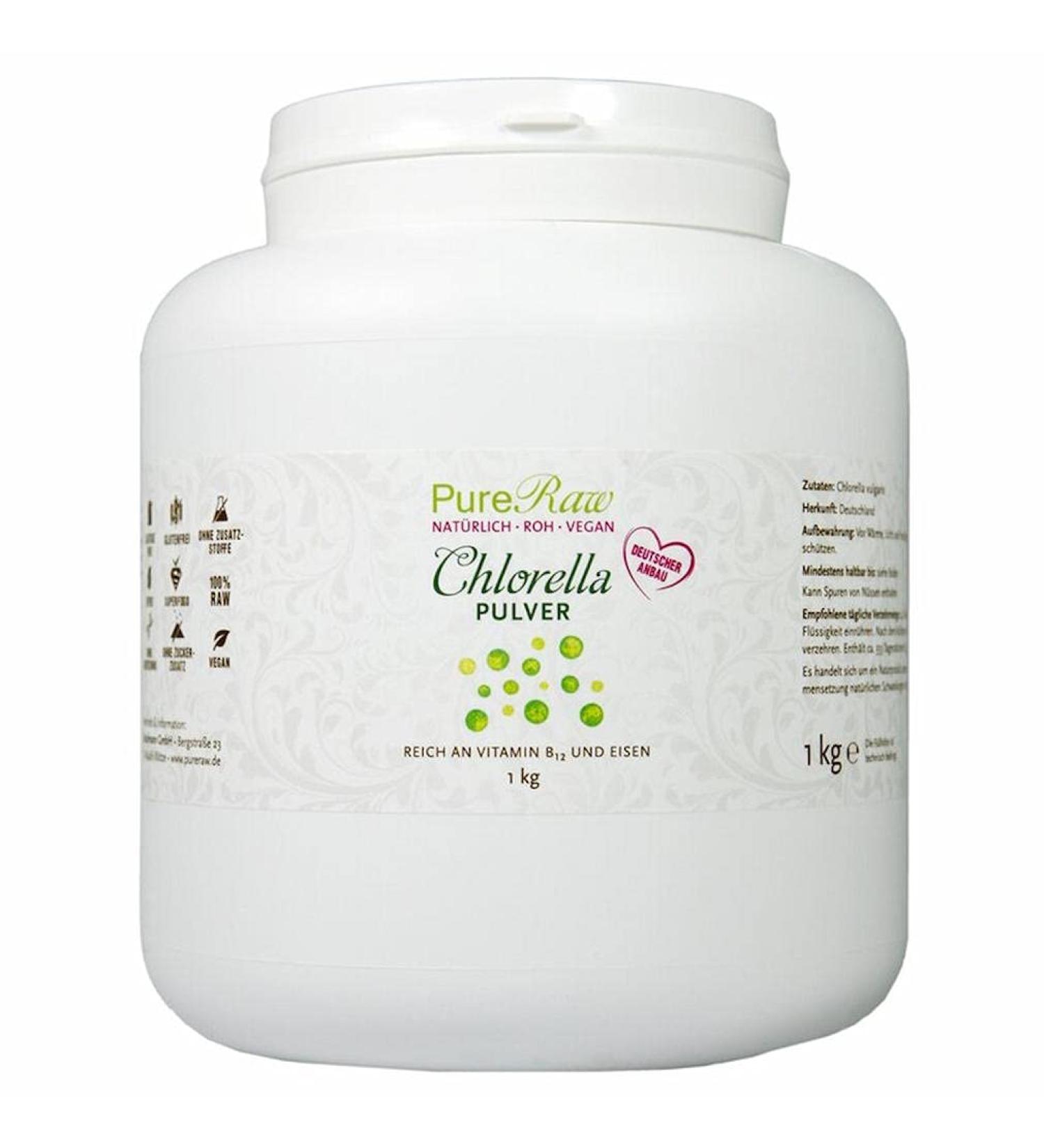 Pure German Chlorella Powder 1000g - Raw Vegan High in Vitamin B12 & Iron | Pureeraw Chlorella Vulgaris Algae - Buy Online on GoSupps.com