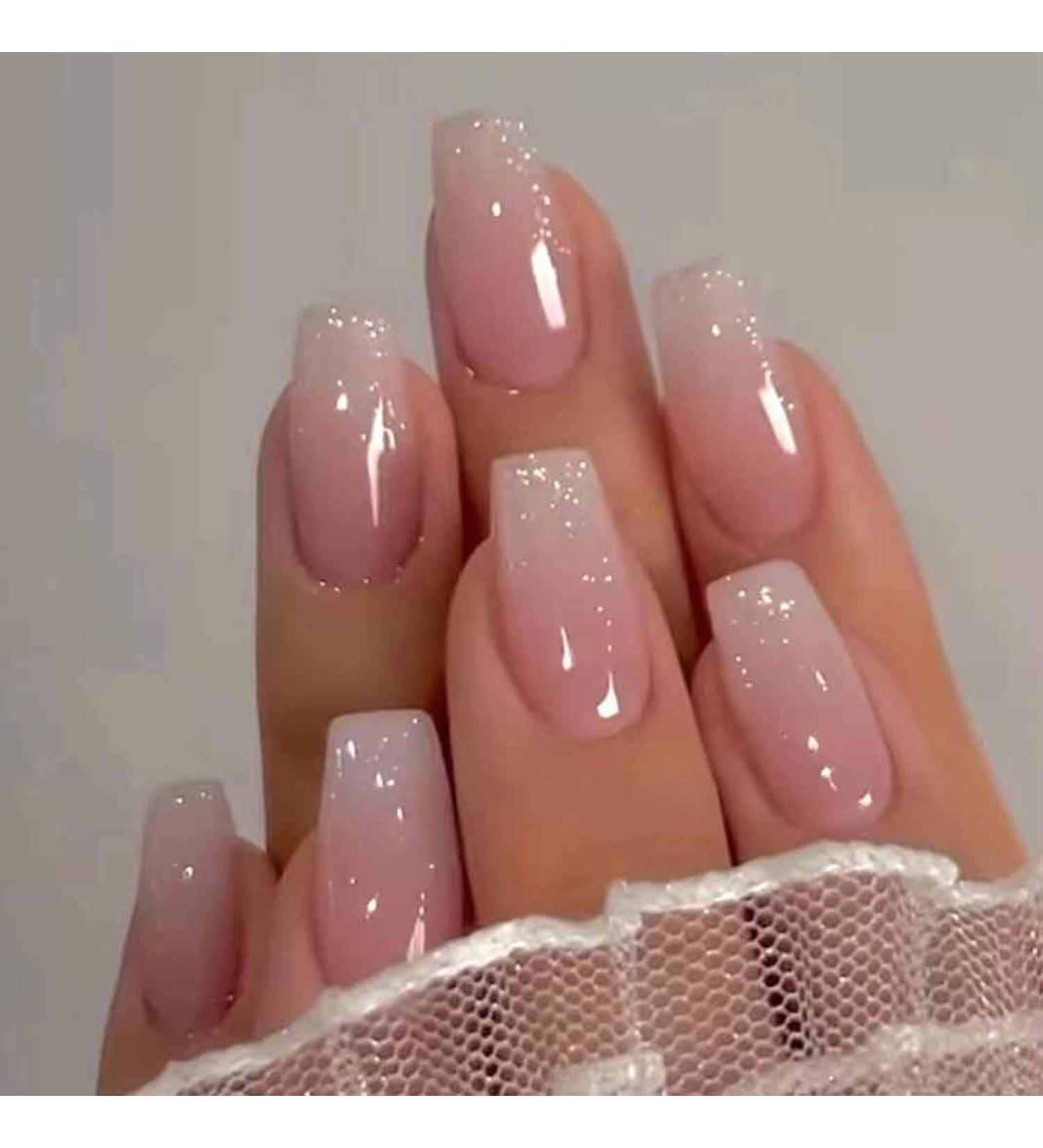 French Tip Long Press On Nails - 24 PCS Coffin Fake Nails | Glossy Pink Nails for Women - Buy Online on GoSupps.com