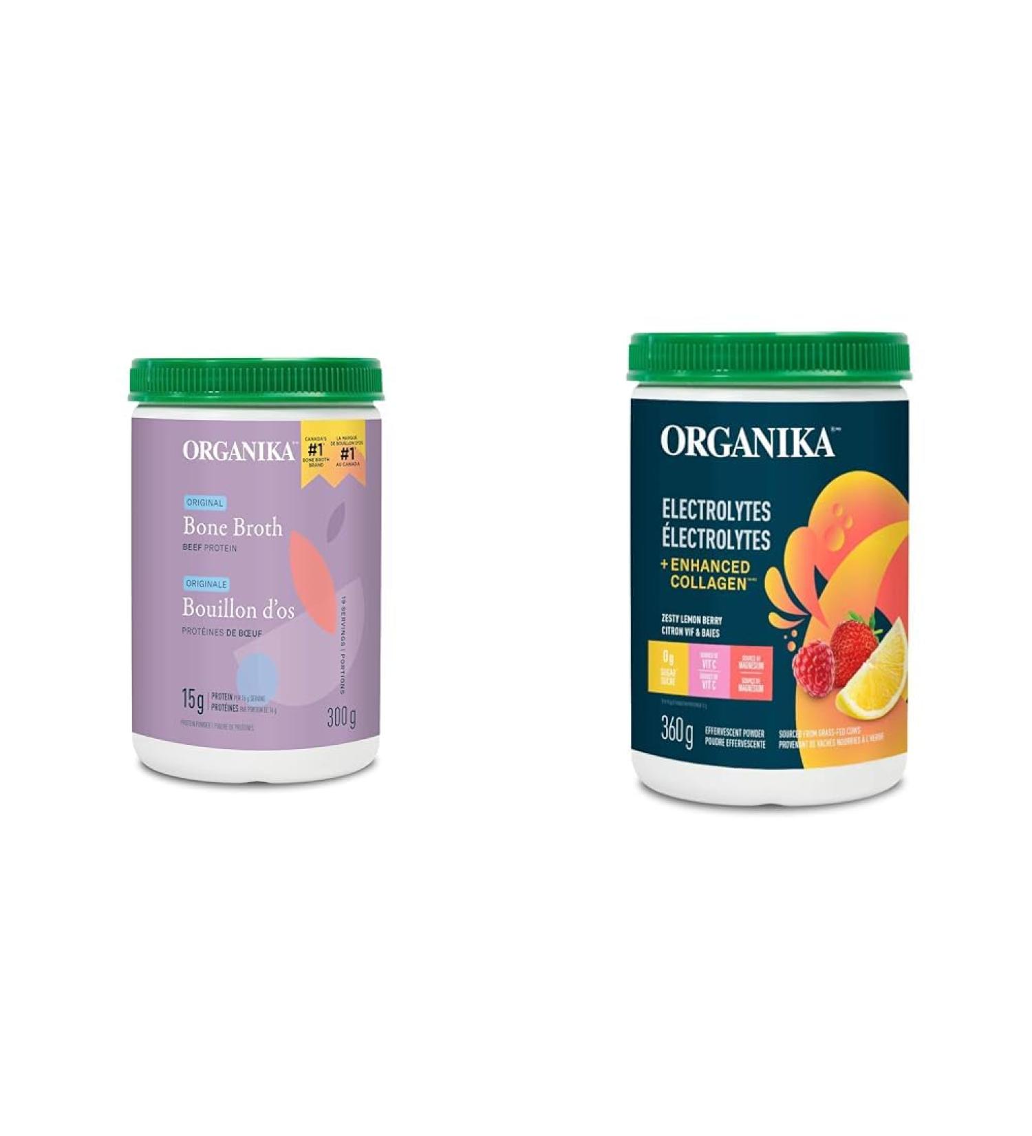 Organika Bone Broth Beef Original 300 G + Organika Electrolytes + Enhanced Collagen- Zesty Lemon Berry Flavour 360 gram Beef Packaged Soup And Stew+ Electrolytes lemon - Buy Online on GoSupps.com