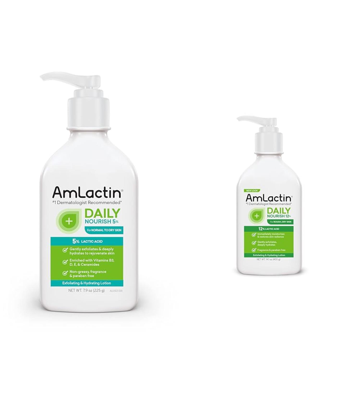 AmLactin Daily Nourish Body Lotion Bundle - 5% 7.9oz and 12% 14.1oz Exfoliating and Moisturizing Lotions for Dry Skin - Buy Online on GoSupps.com