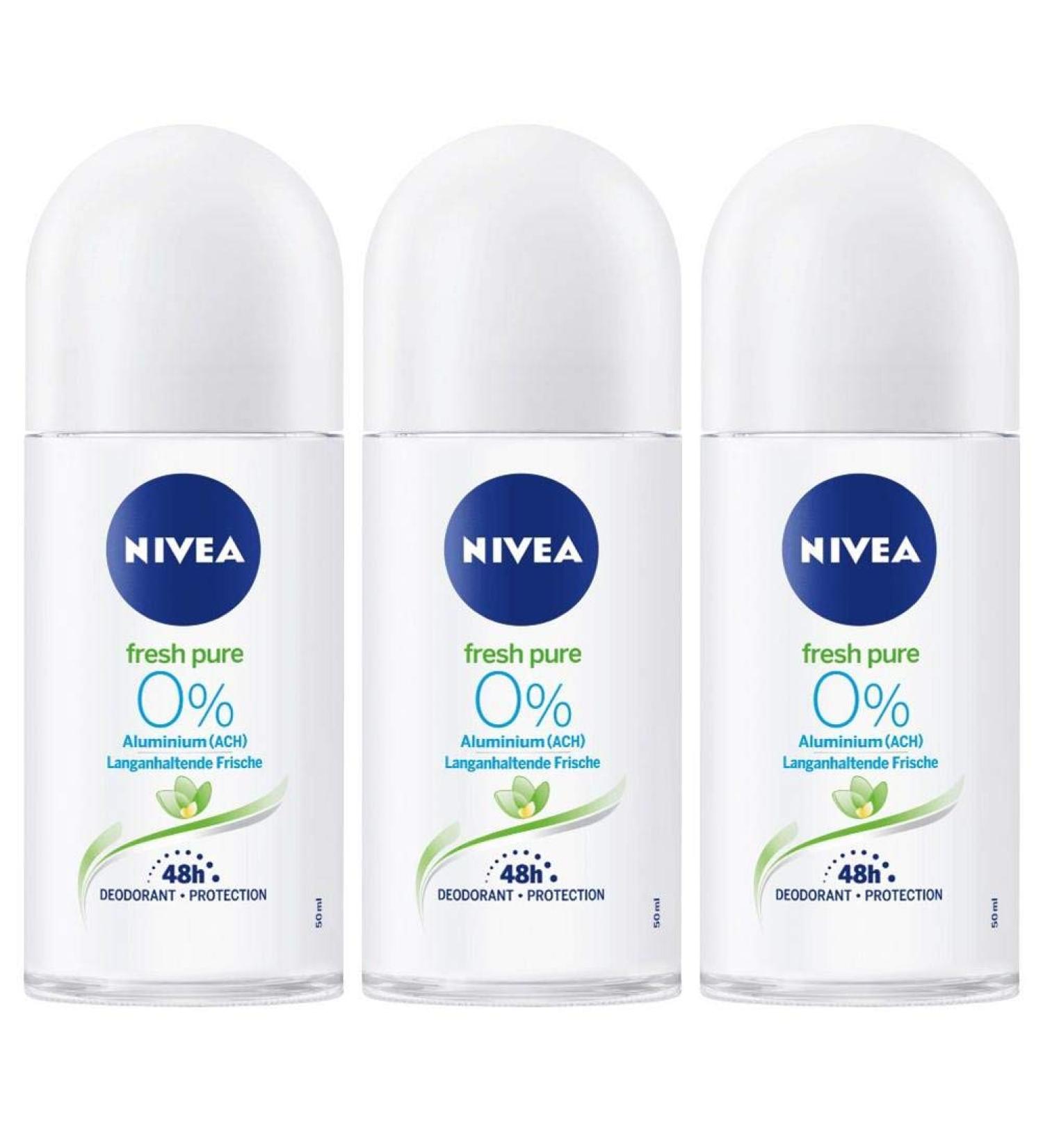 Nivea Fresh Pure Roll-On Deodorant 0% Aluminum Salts- PACK OF 3 X 50 ml ea 1.69 Fl Oz (Pack of 3) Fresh