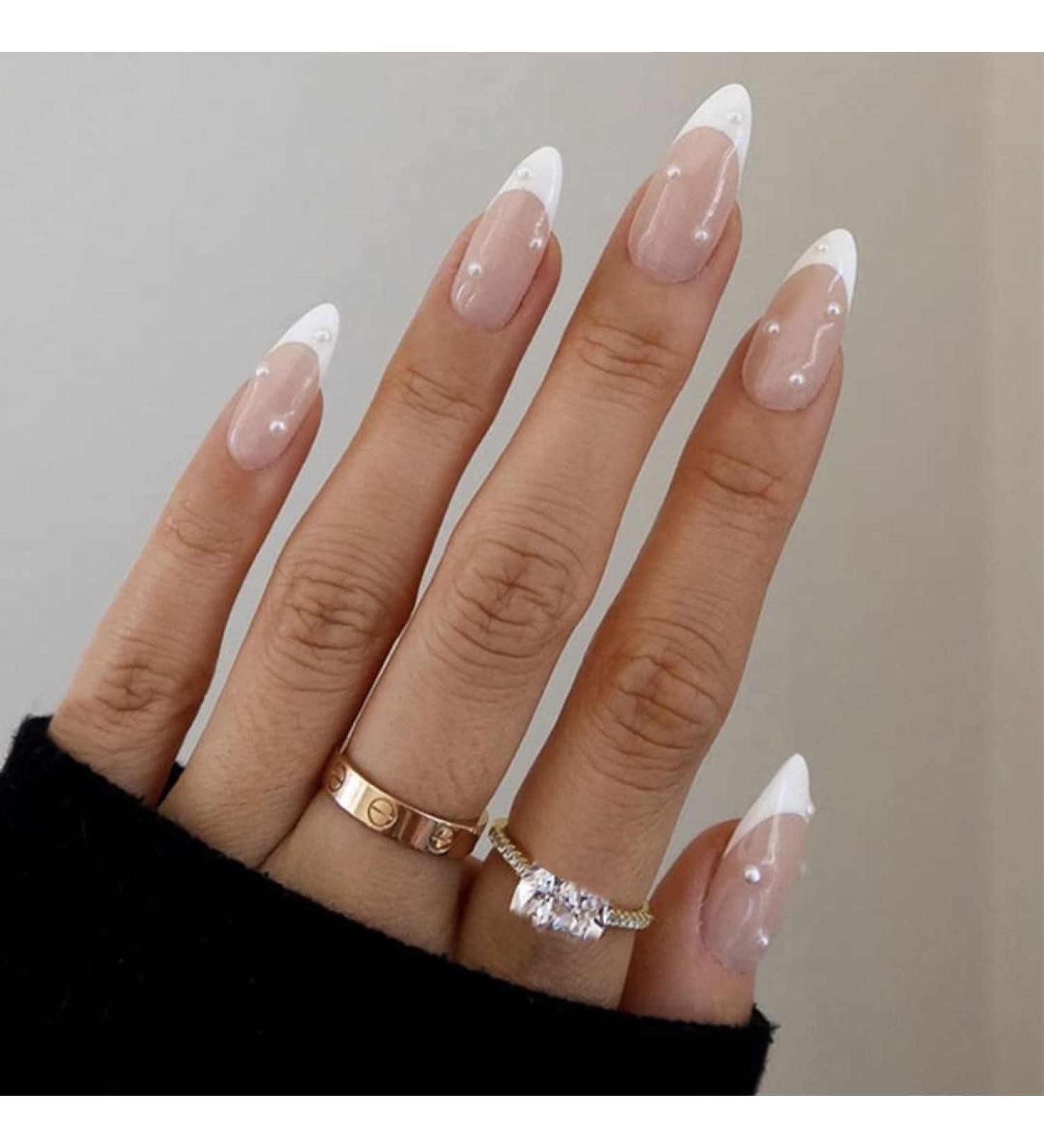 Sethexy Abstract Almond Shape False Nails | 24st Swirl Acrylic Press-On Nails for Women & Girls - White Pearl - Buy Online on GoSupps.com