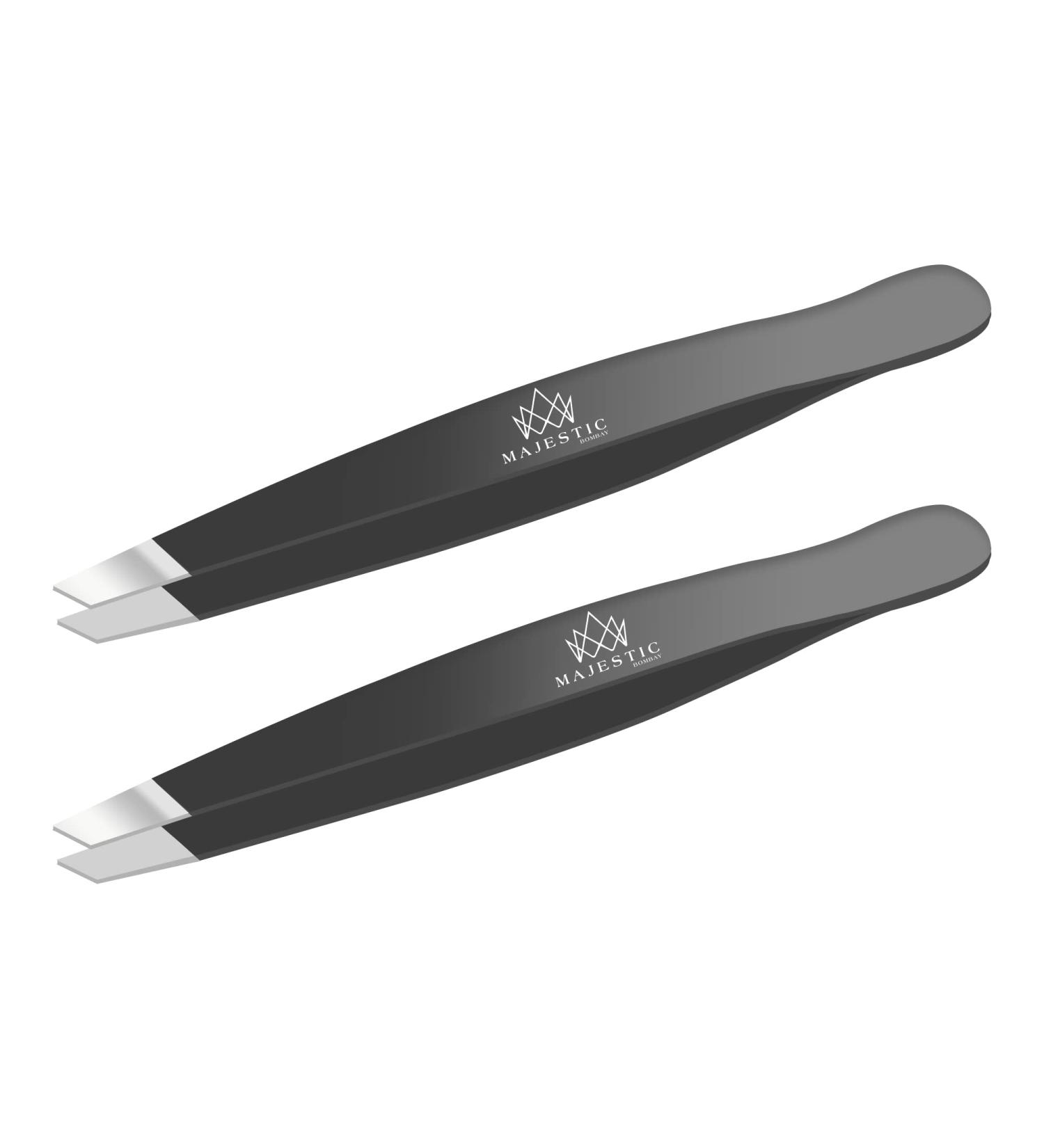 Slant Tweezers Set for Women and Men - Stainless Steel Precision Pluckers for Ingrown Hair, Splinters, Ticks, and Brow, Chin, Facial Hair Removal by Majestic Bombay - Black - Buy Online on GoSupps.com