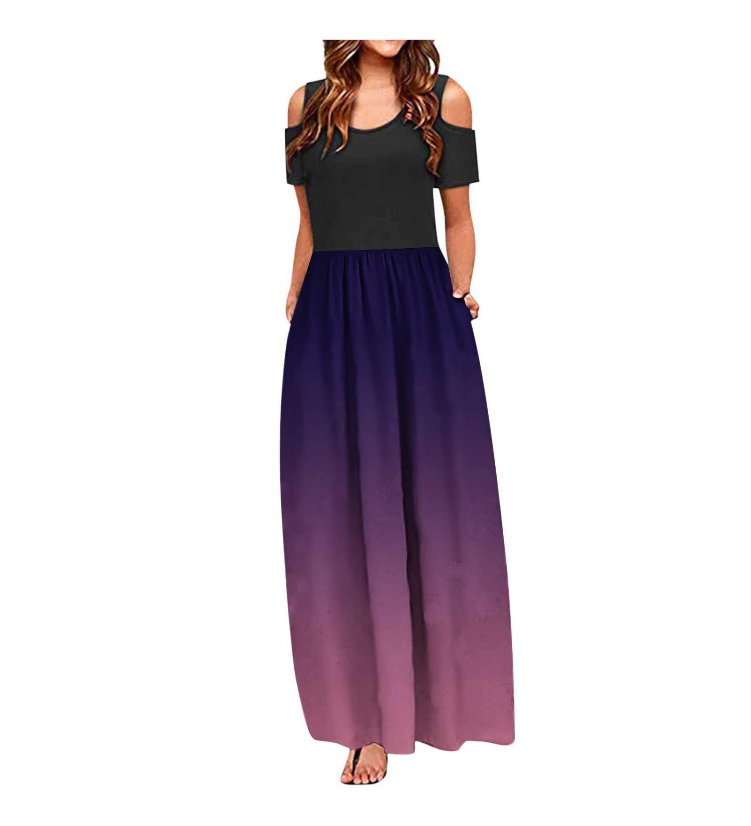 Women's Floral Maxi Dress - Cold Shoulder Casual Summer Dress with Pockets (XX-Large, Purple) - Buy Online on GoSupps.com