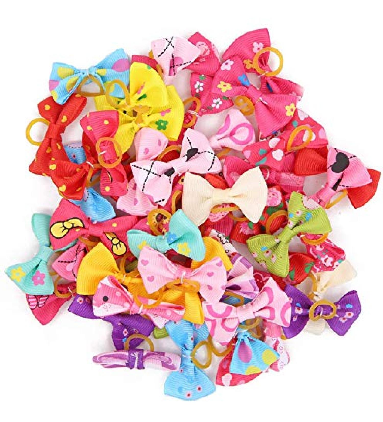 50 Pcs Assorted Dog Hair Bows with Elastic Rubber Bands Cute Patterns Hair Grooming Accessories for Small Dog Cat Puppy - Buy Online on GoSupps.com