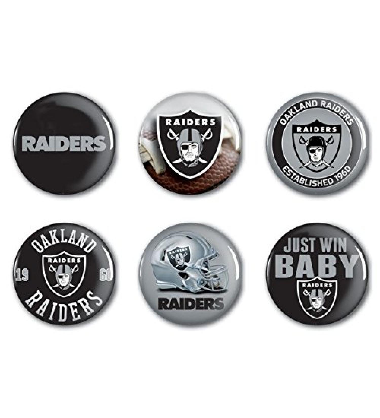 Oakland Raiders Official NFL Button Badge Pins as a set of 6