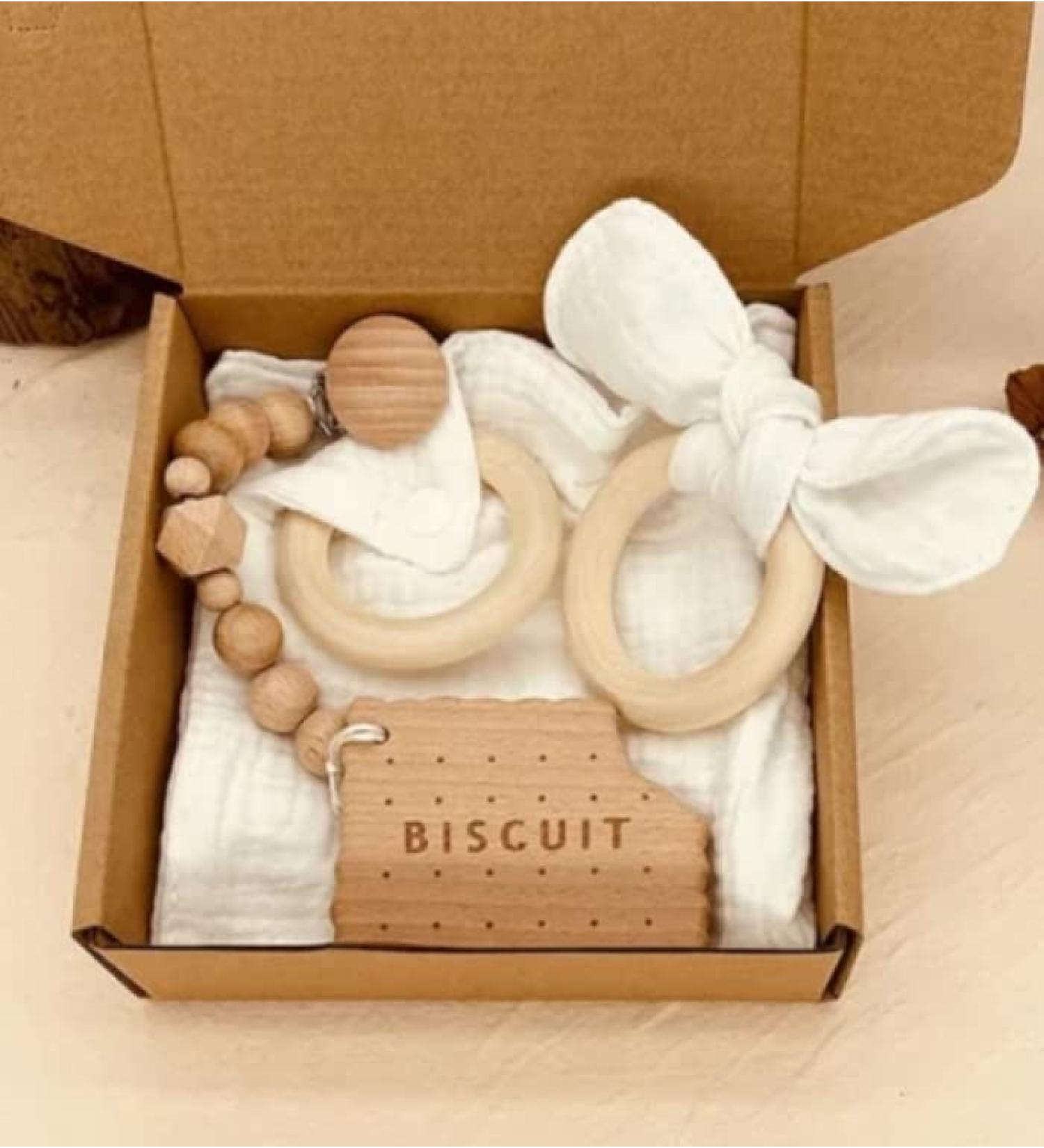 3 Pcs Baby Wooden-Cotton Teether Set-White