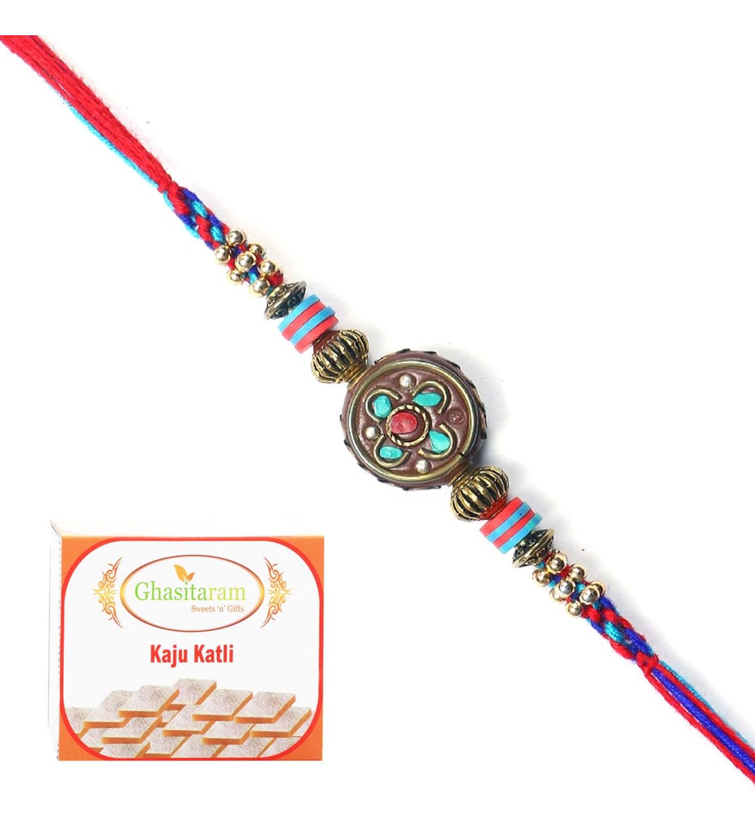 Ghasitaram Gifts Rakhi for Brother Rakhis Online - L-5 Premium Rakhi with 200 GMS of Kaju katli - Buy Online on GoSupps.com
