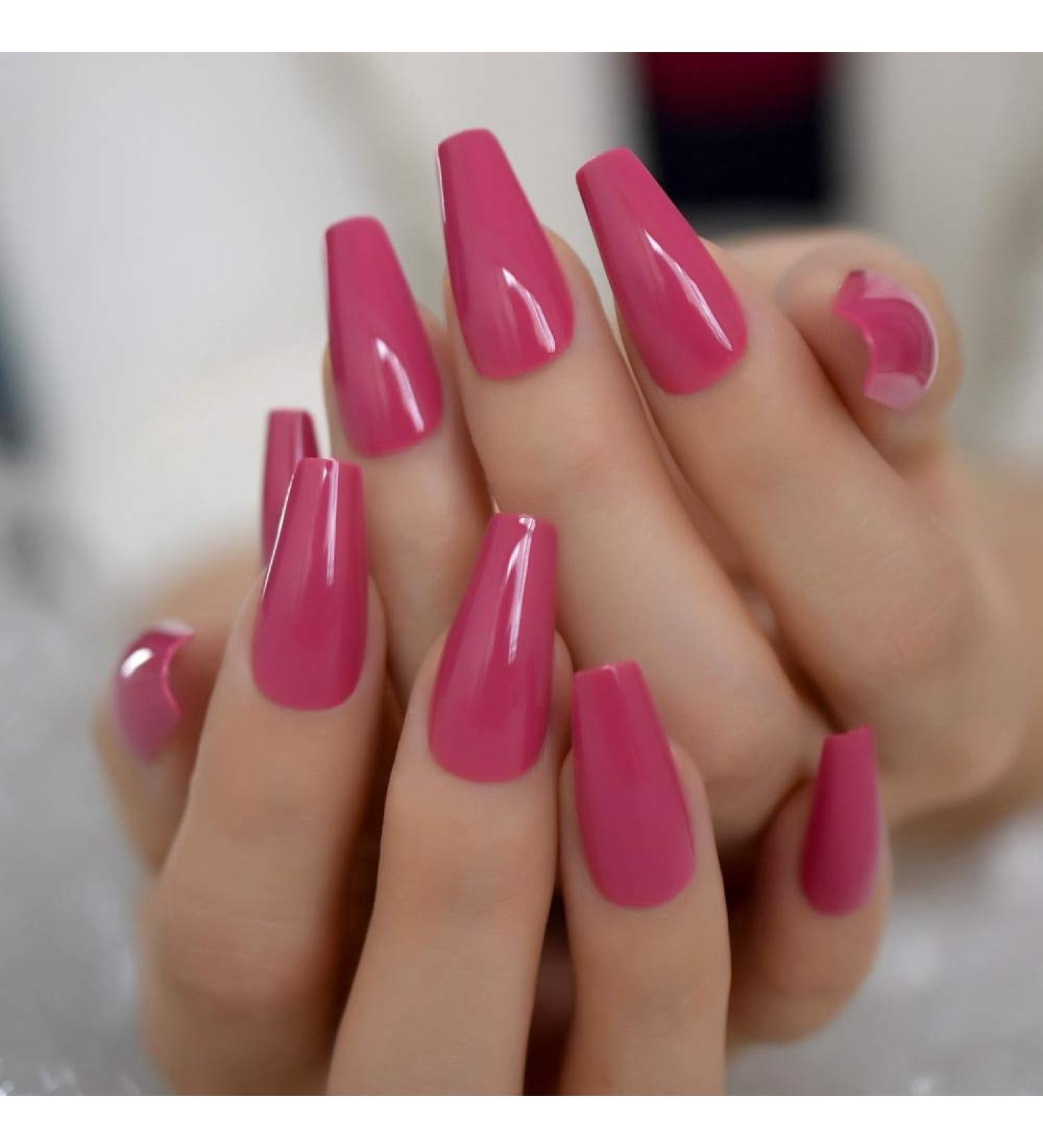 Dark Rose Pink Coffin False Nail Tips - 24pcs Glossy Acrylic Press On UV Fake Nails | Salon-Quality Full Cover with Glue Sticker | L5578 - Buy Online on GoSupps.com