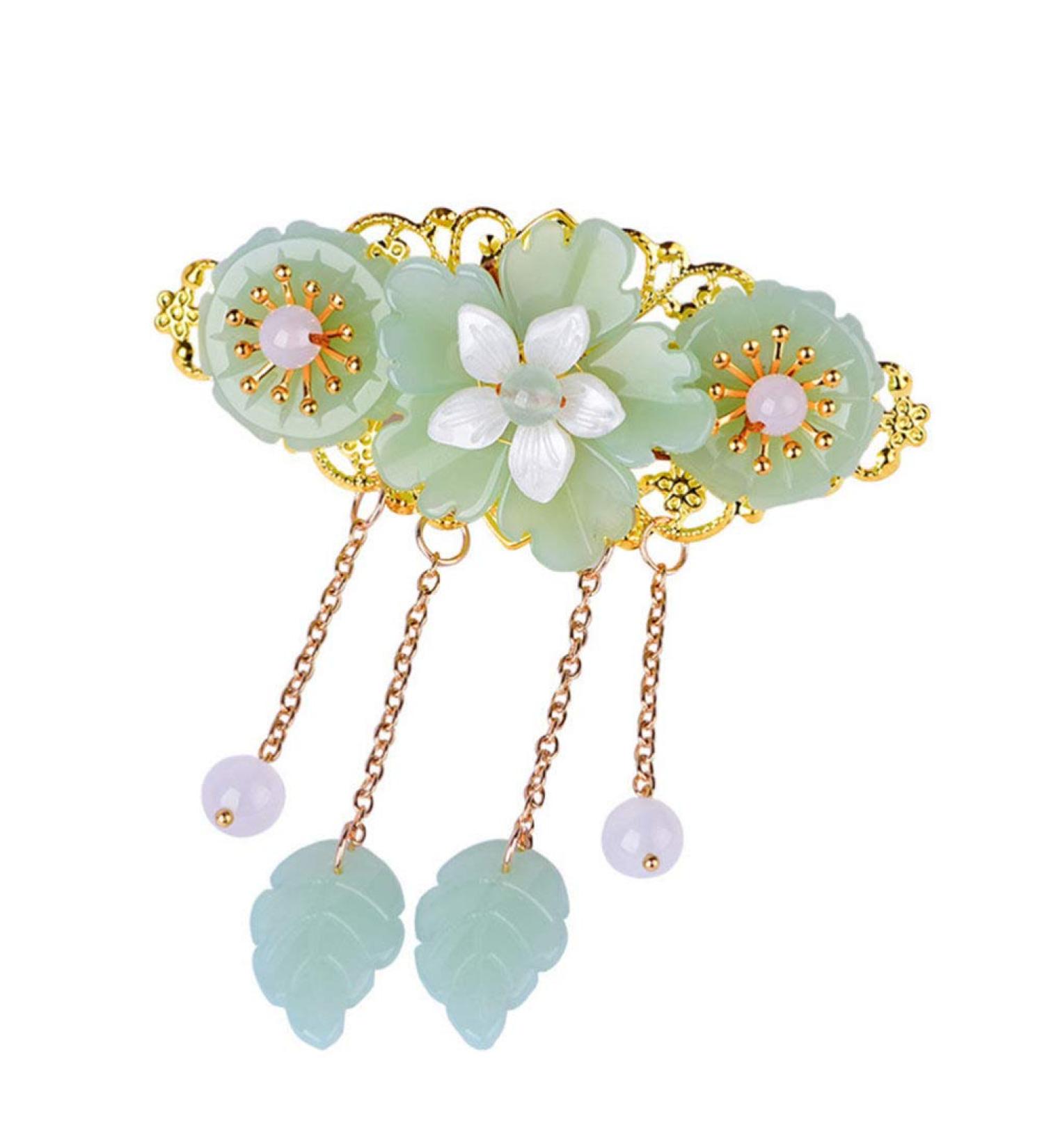 Minkissy Chinese Style Long Tassel Hair Barrette Jade Hair Clip for Women - Light Green | Hanfu Cosplay Hair Accessory - Buy Online on GoSupps.com