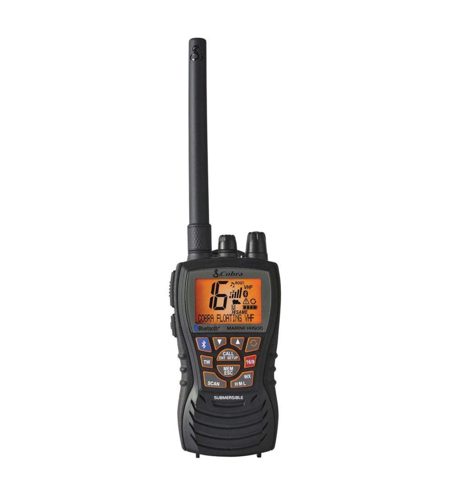 Cobra MR HH500 FLT BT Handheld Floating VHF Radio - 6W, Bluetooth, Submersible, Noise Cancelling Mic, Backlit LCD, Memory Scan - Black - Buy Online on GoSupps.com