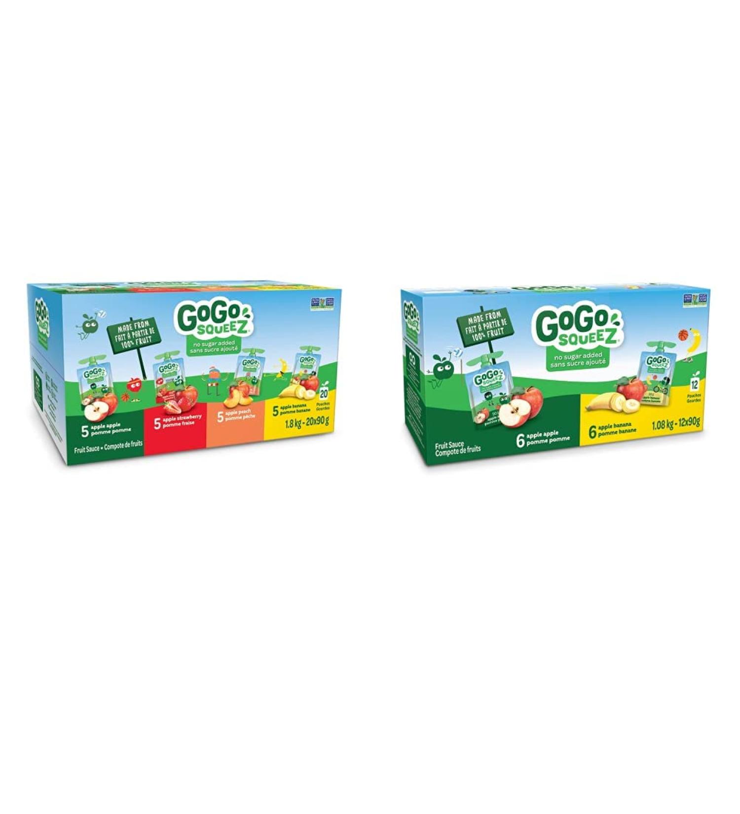 GoGo squeeZ Fruit Sauce Variety Pack Apple Strawberry Peach Banana No Sugar Added. 90g per pouch Pack of 20 & Fruit Sauce Variety Pack Apple Banana No Sugar Added. 90g per pouch Pack of 12 - Buy Online on GoSupps.com