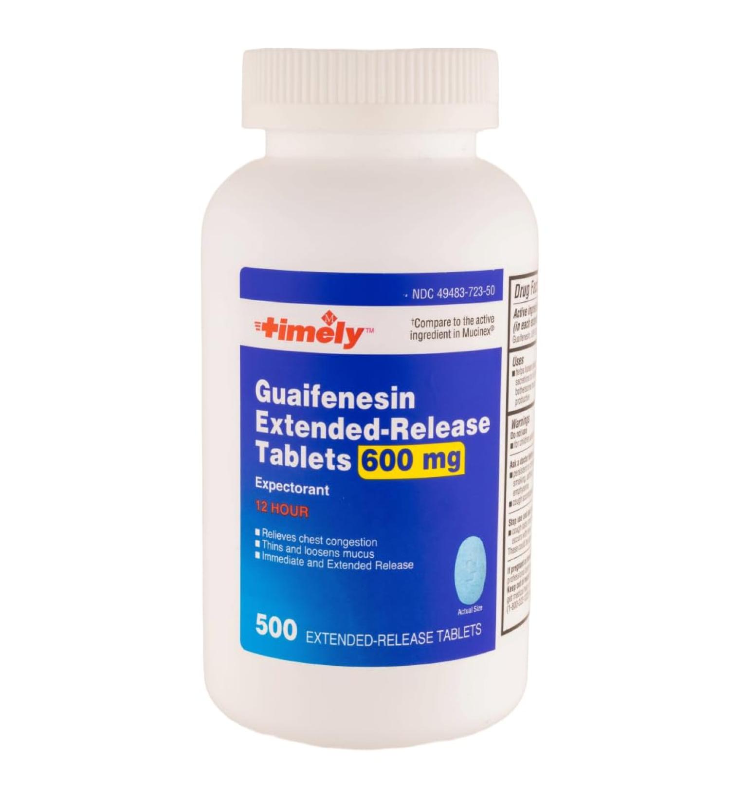 Timely Guaifenesin 600 mg - Extended Release Mucus Relief Tablets for Chest Congestion | 500 Count | Worldwide Shipping - Buy Online on GoSupps.com