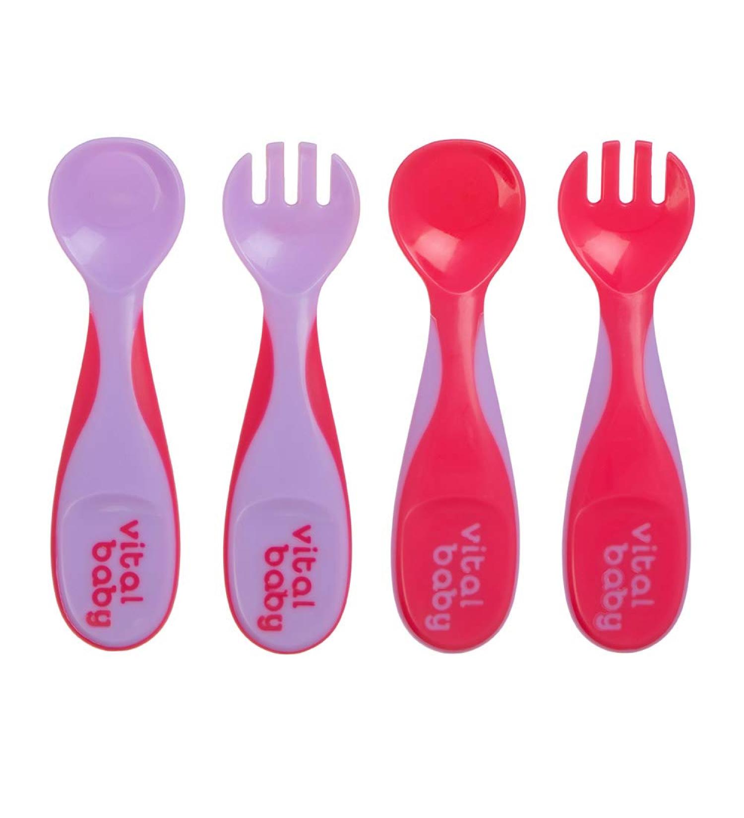 Vital Baby Nourish Chunky Cutlery Set - Soft Spoon & Fork for Easy Feeding - Comfy Handles - 2x Spoons 2 x Forks - Fizz - Buy Online on GoSupps.com