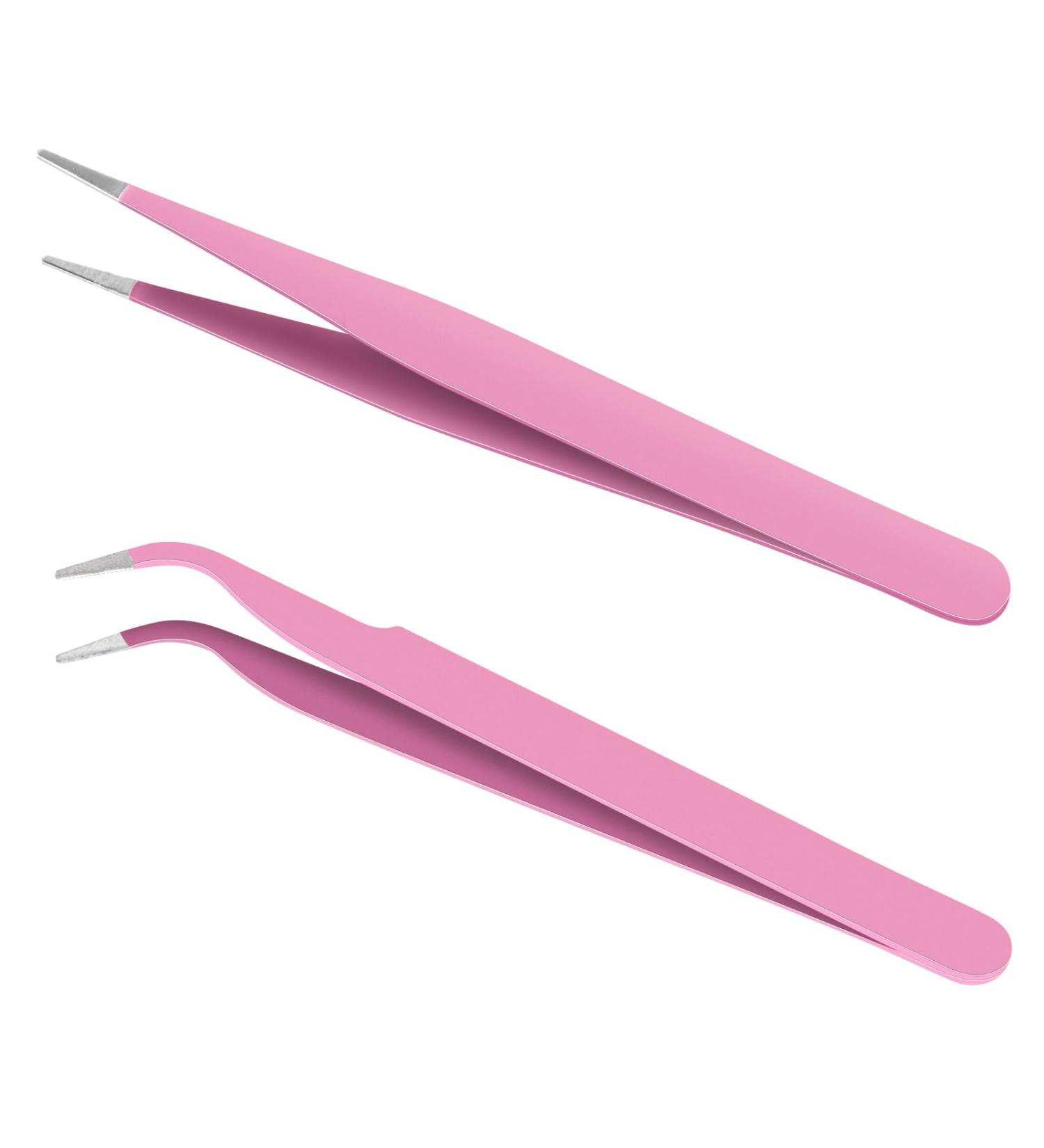 Ainiv 2Pcs Straight & Curved Lash Tweezers Kit - Stainless Steel Pointed Tweezers for Eyelash Extensions, DIY Crafts, Nail Art - Pink - Buy Online on GoSupps.com
