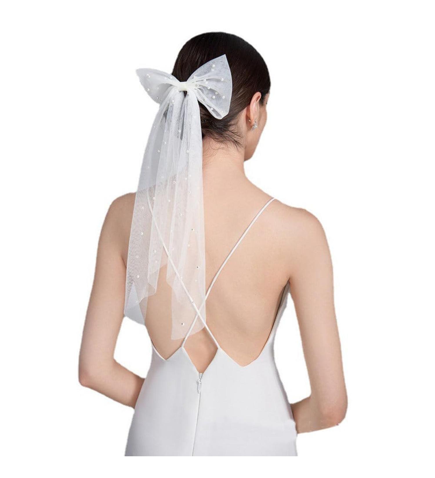 60CM Bridal Bow Veil Hair Clip Wedding Large Bowknot Lace Hair Barrettes with Pearl French Vintage White Veil Hair Accessories for Women Girl - Buy Online on GoSupps.com
