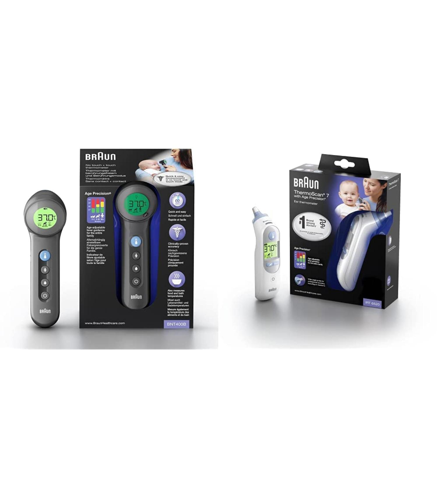 Braun No touch + touch forehead thermometer with Age Precision Technology & Healthcare ThermoScan 7 Ear thermometer with Age Precision (accurate convenient temperature screening) BNT400 - Black + thermometer - Buy Online on GoSupps.com