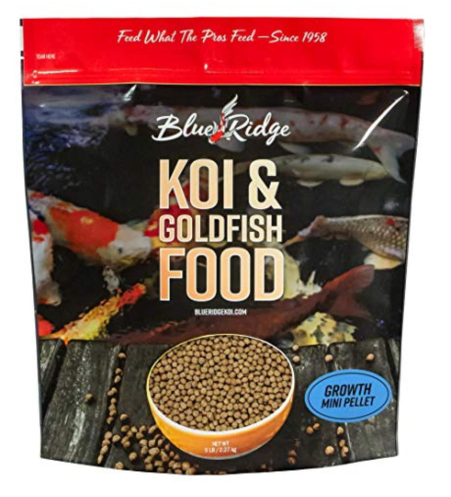 Blue Ridge Koi and Goldfish Growth Formula Fish Food Pellets - Mini Floating Pellet, Balanced Diet 5lb Pack - Buy Online on GoSupps.com