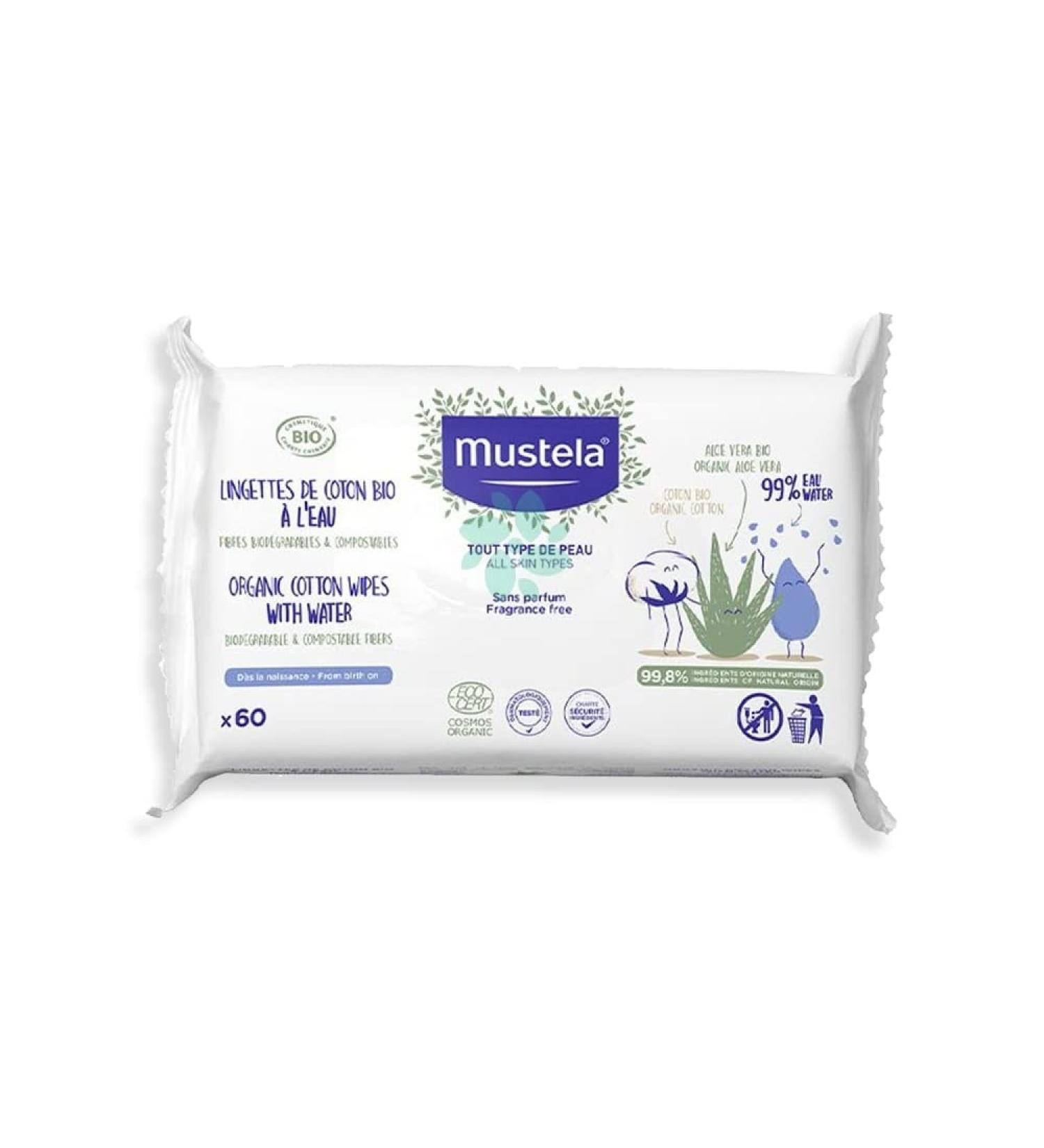 Mustela Baby Water Wipes with Organic Cotton & Aloe Vera - Fragrance Free - 60 ct - Buy Online on GoSupps.com