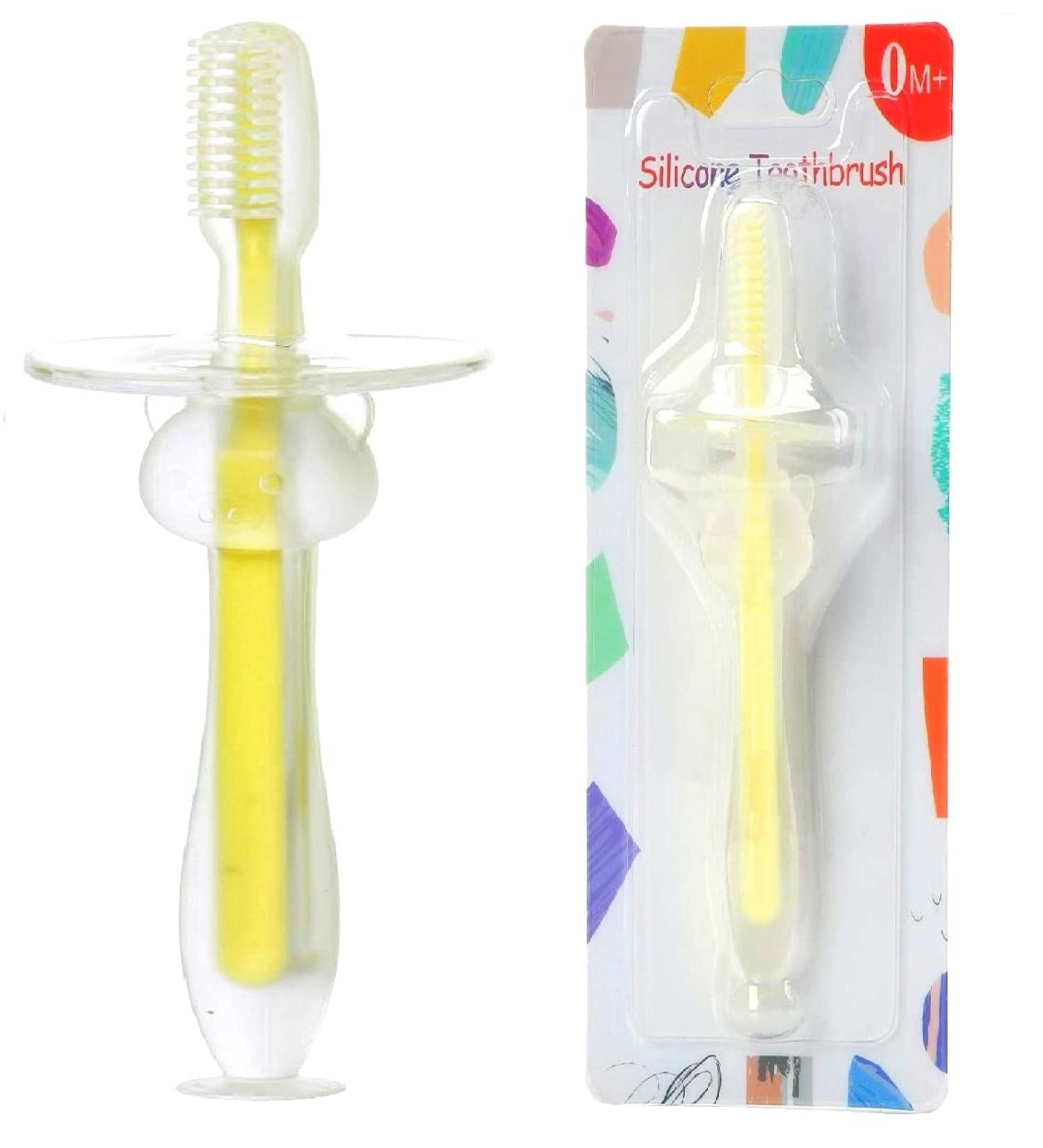 Infant Training Silicone Soft Toothbrush 0-2 Years with Baffle | BPA-Free Teeth Care | Stand Sucker Brush (Yellow) - Buy Online on GoSupps.com