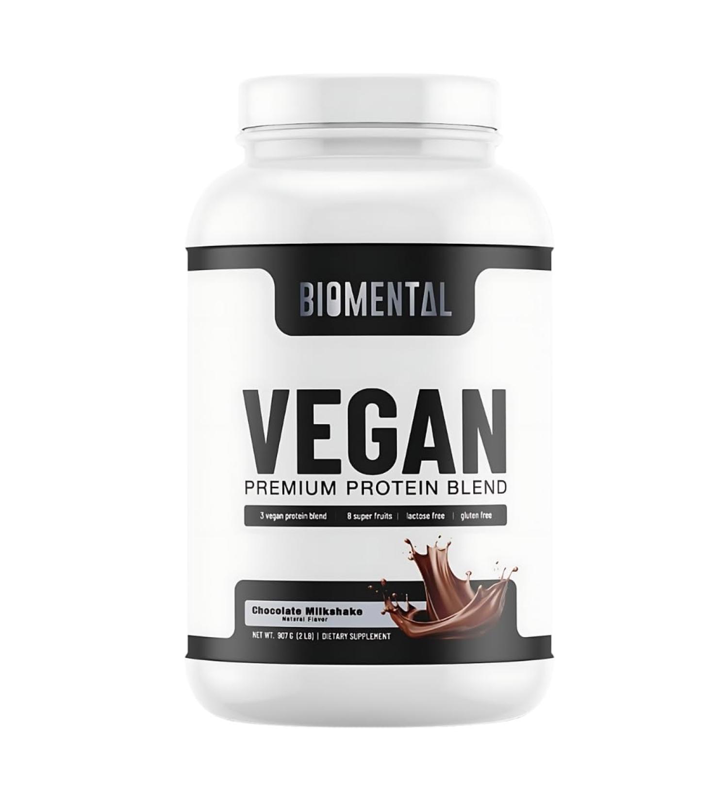 Biomental Vegan Chocolate Protein Powder - Plant-Based Non-GMO Gluten-Free Muscle Building Supplement - Delicious & Easily Absorbed for Healthy Vegan Lifestyle - Buy Online on GoSupps.com