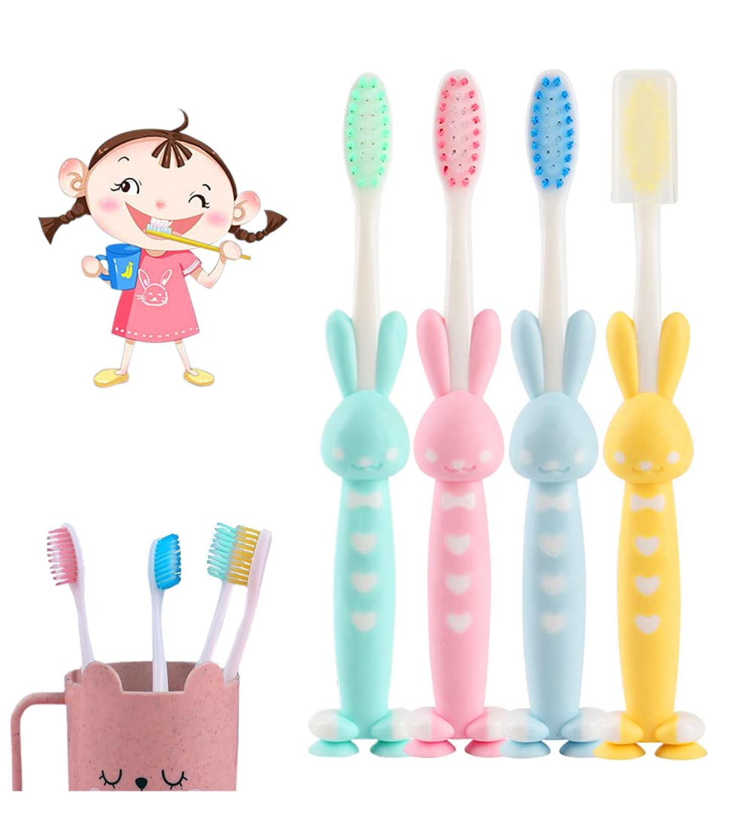 4 Cartoon Bunny Children's Toothbrushes Soft Bristle Portable & Sensitive for Kids | Colorful Options in Yellow Blue Pink & Green - Buy Online on GoSupps.com