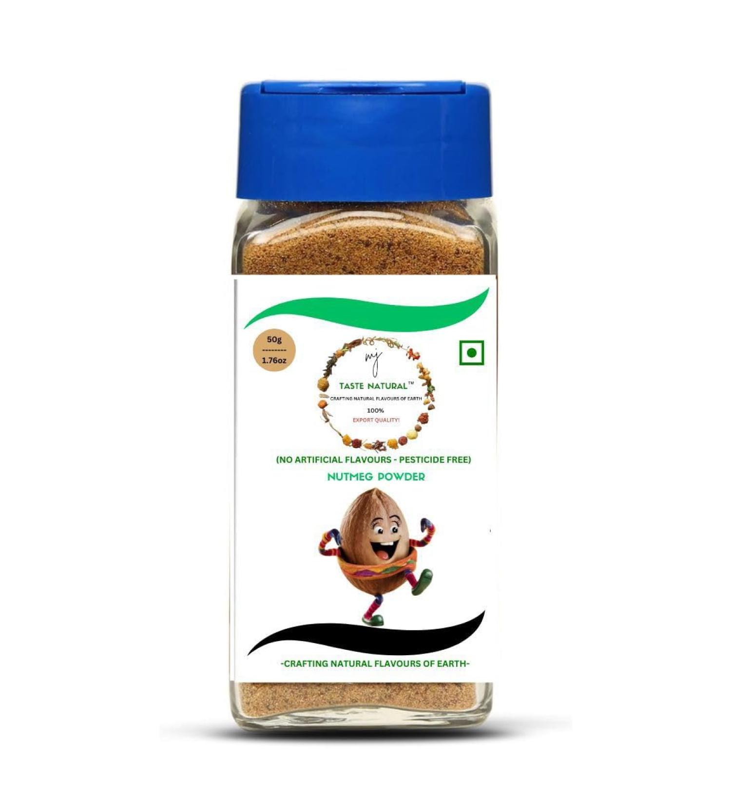 MJ TASTE NATURAL Nutmeg Powder 50g 1.76oz Premium Grade | Gluten free Raw & 100% Natural Ground Nutmeg Spice from India | Nutmeg Ground for Cooking Smoothies Lattes | Reusable Jar With Seasoning Cap Plastic Free - Buy Online on GoSupps.com