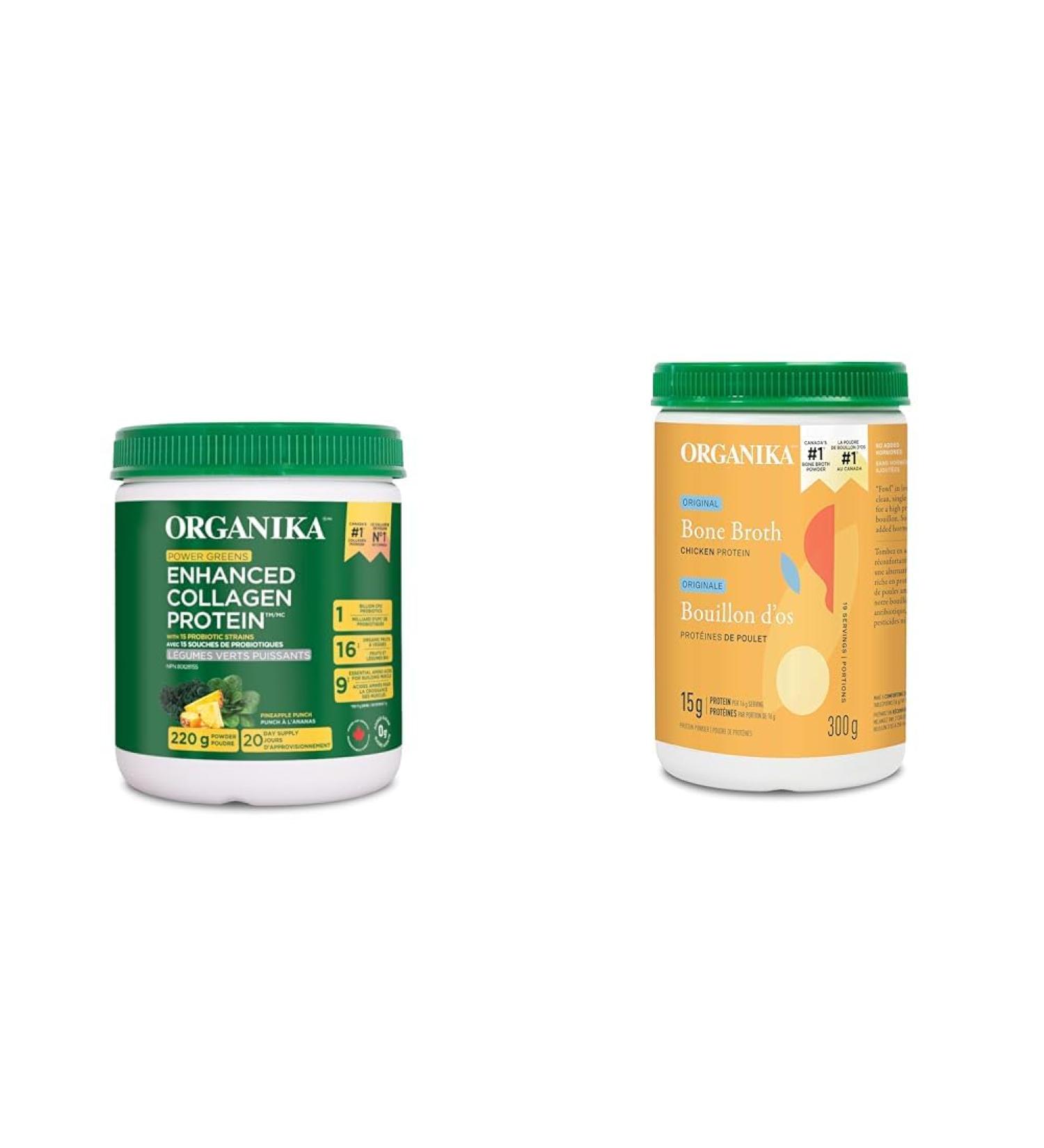 Organika Enhanced Collagen Protein Power Greens - with 16 organic fruits and vegetables & Chicken Bone Broth Powder- Free Range and Vegetarian Fed Chickens- Keto Friendly Nutritional Supplement+ Chicken Bone Powder - Buy Online on GoSupps.com
