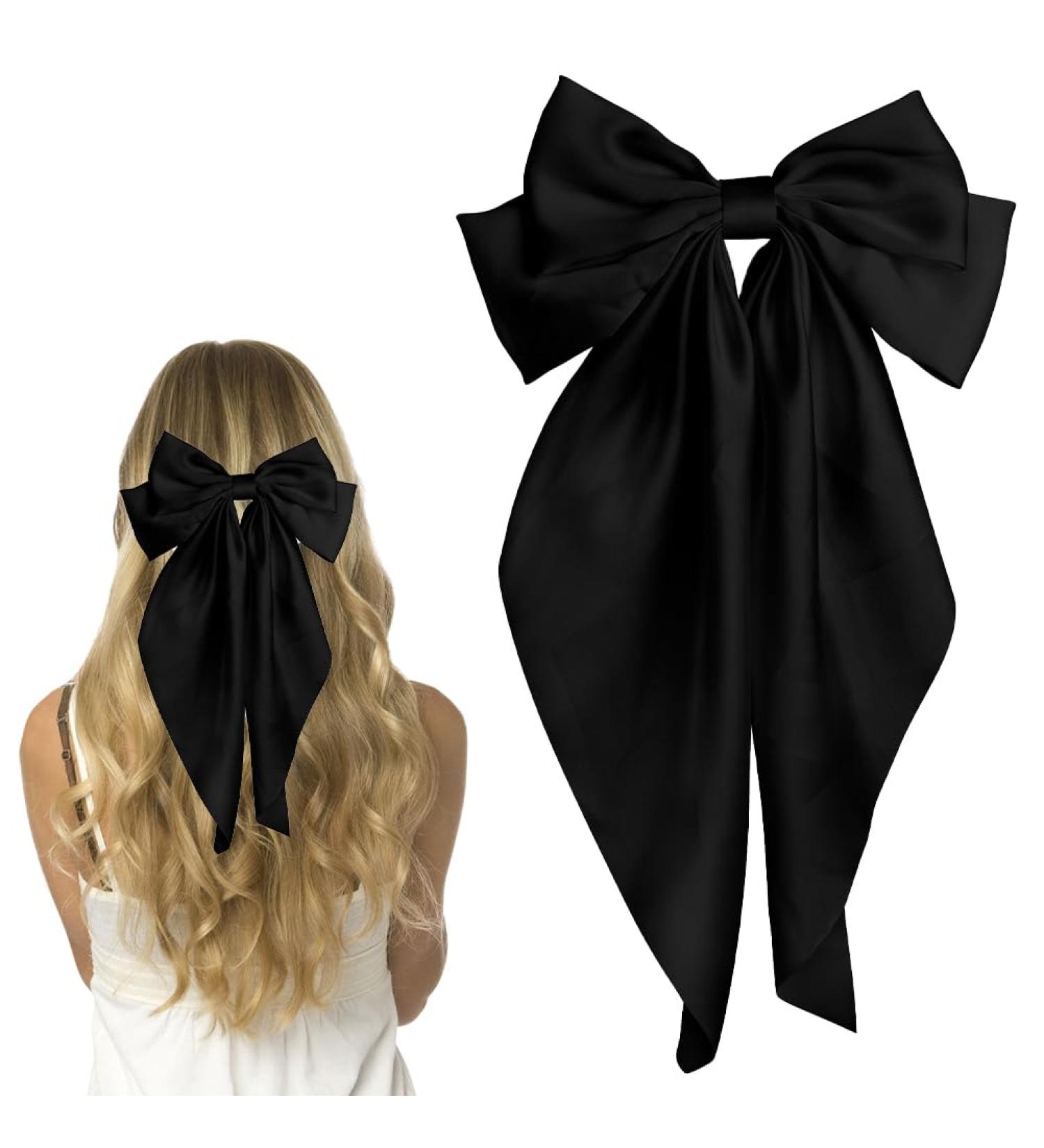 Pufandor Hair Bow Silky Satin Hair Ribbons for Women Black Bows for Girls Hair Bowknot Barrettes Long Tails with Clips Big Hair Bows Hair Accessories (Black 1pc) - Buy Online on GoSupps.com