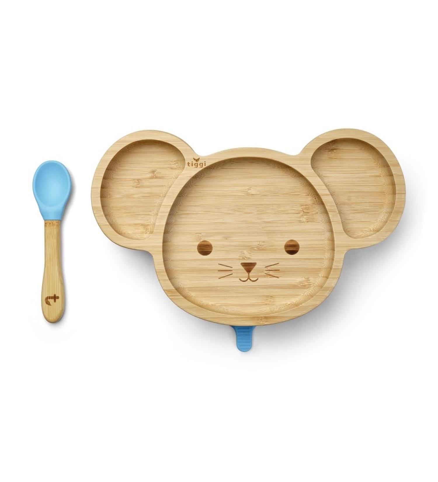 Tiggi Bamboo Baby Suction Plate - Complete Weaning Set | BPA-Free | Eco-Friendly Bamboo | Easy Feeding | Mouse Blue - Buy Online on GoSupps.com