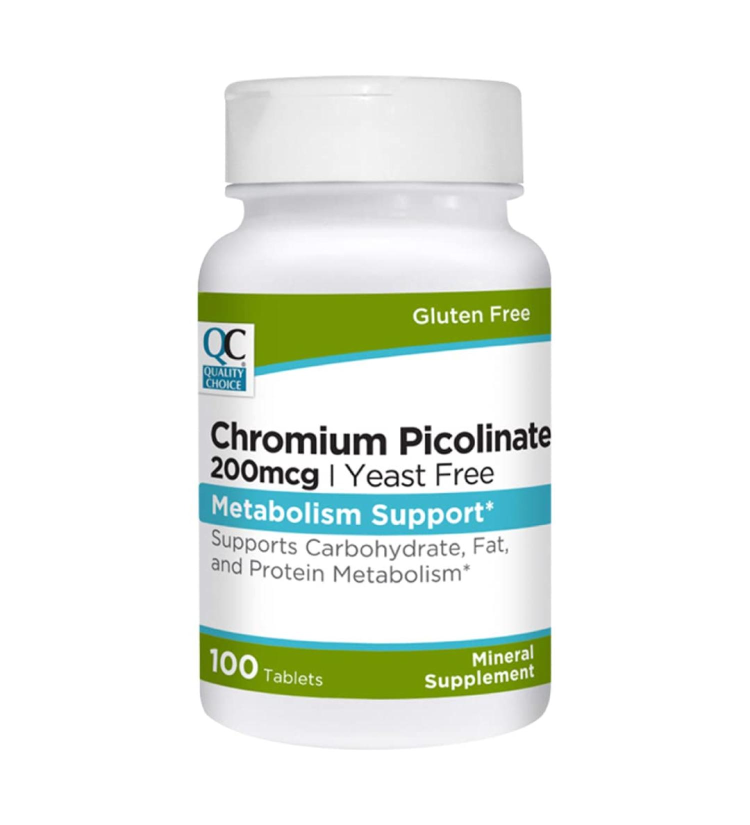 Quality Choice Chromium Picolinate 200 mcg for Support of Carbohydrates Protein and Fat Processing. 100 Tablets. Free of Preservatives Artificial Flavors & Gluten.