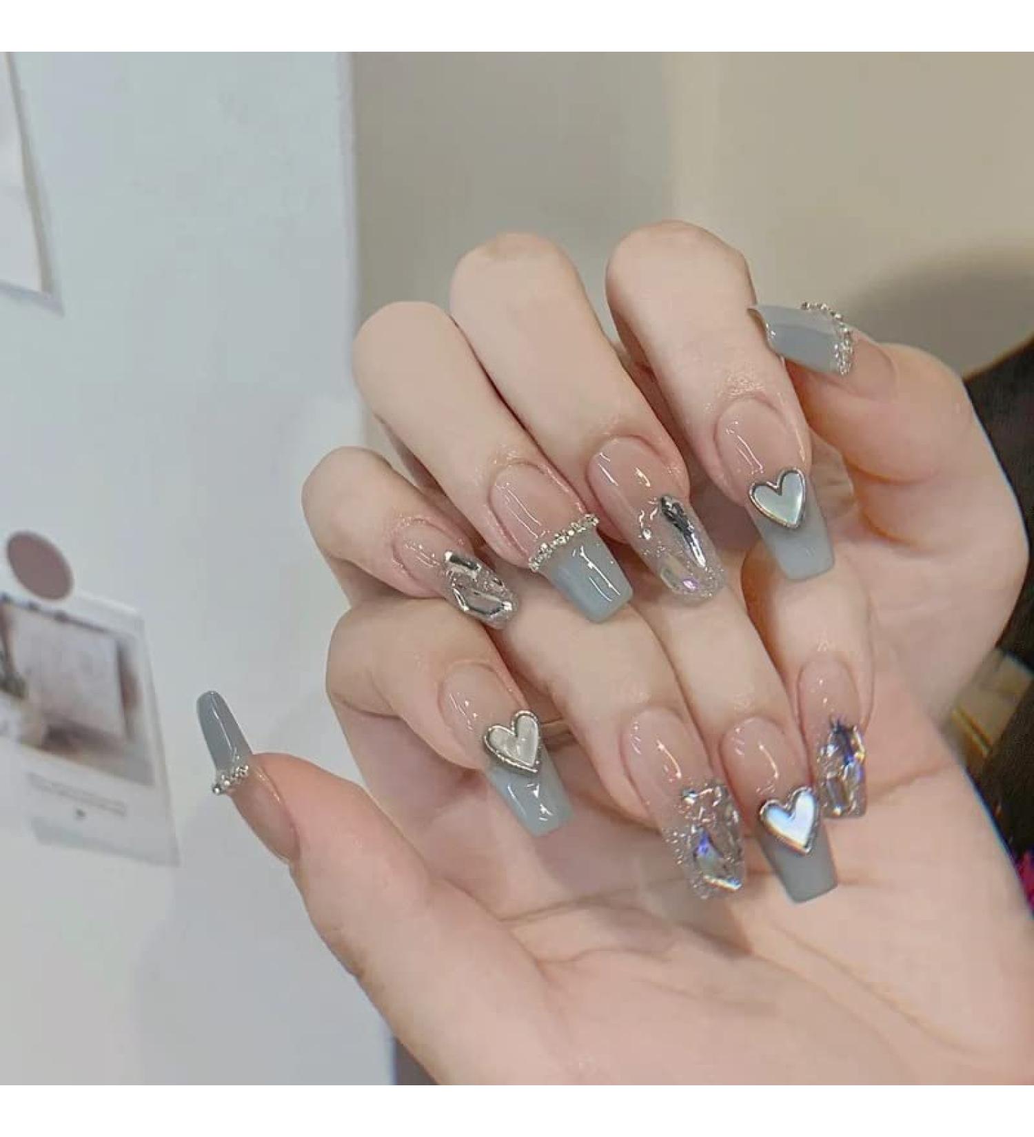 24Pcs/Set Press On Nails Long Style Diamond Heart Diamond Dhain False Nails Acrylic Fake Nails Full Cover Nails Tips Artificial Finger Manicure Press on nails for Women and Girls - Buy Online on GoSupps.com