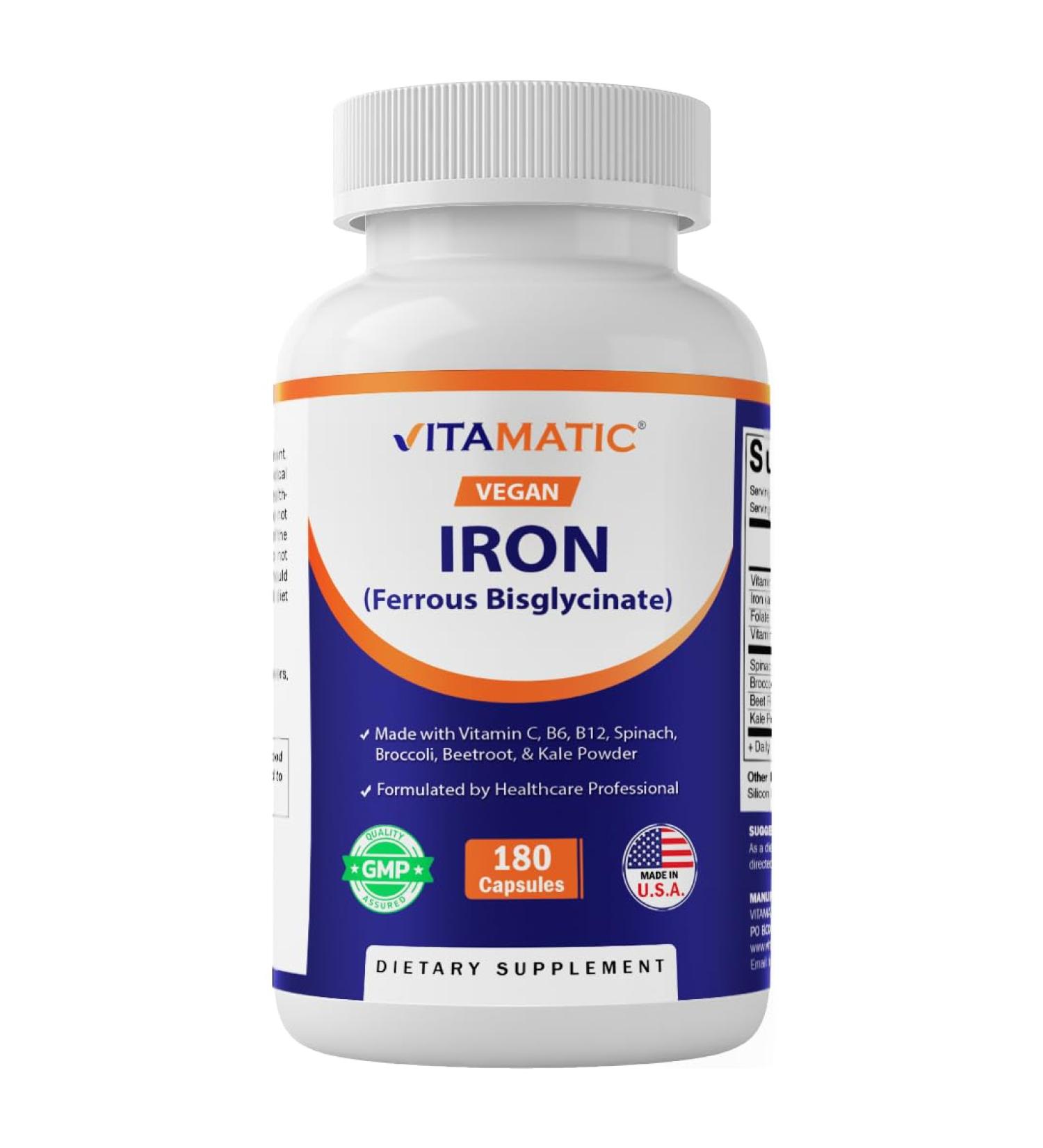Vitamatic Vegan Iron with Vitamin C B6 B12 & Folic Acid | Plus Spinach Broccoli Beetroot & Kale | 180 Capsules | Non-GMO Gluten-Free Sugar-Free | Made in USA - Buy Online on GoSupps.com