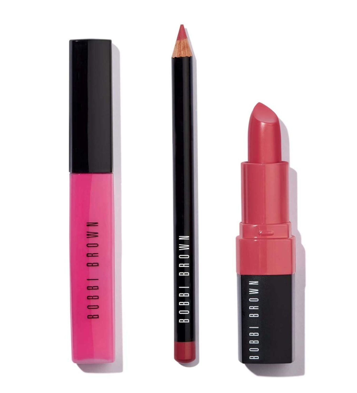 Bobbi Brown Pink Lip Color Trio: Pink Lily Lip Gloss + Rose Lip Pencil + Baby Crushed Lip Color + Travel Bag
