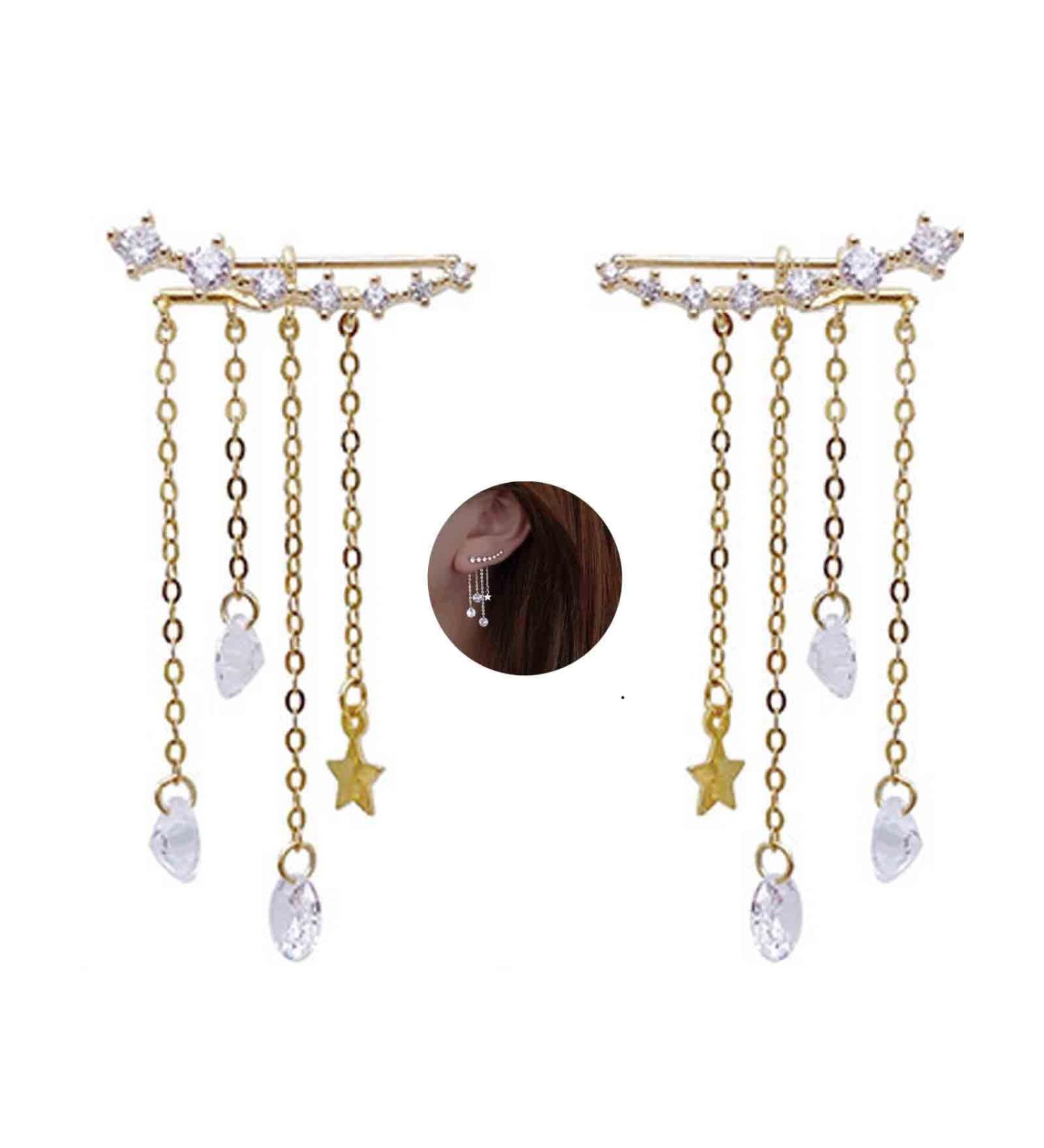 Boho Star Ear Jacket Earrings | Gold CZ Crystal Tassel Ear Climbers | Unique Jewelry Gifts for Women & Girls - Buy Online on GoSupps.com