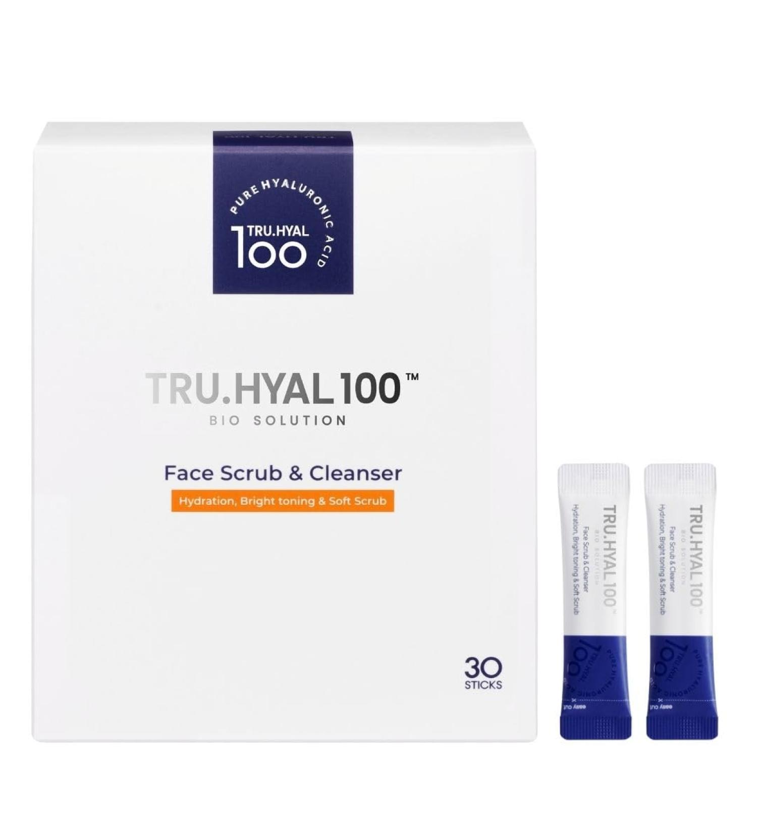 TRU HYAL 100 Delicate Face Scrub & Cleanser 30 Daily Sachets - Gentle Exfoliating Formula with Sugarcane Lemon Peel Oil and Hyaluronic Acid Deep Cleansing and Pore Refinement - Buy Online on GoSupps.com