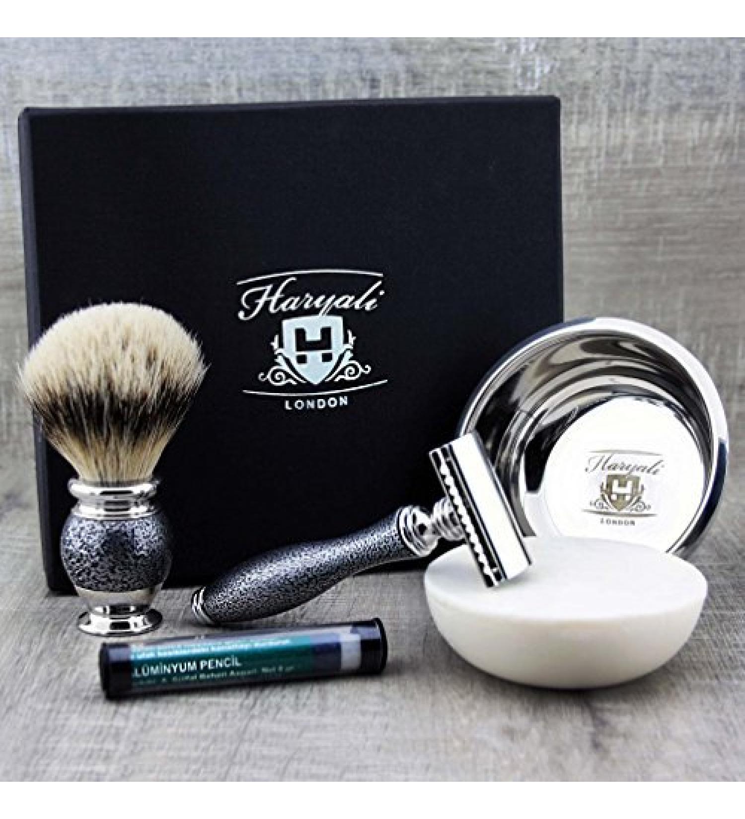 Premium Classic Men's Shaving Set - Silver Tip Brush DE Safety Razor Engraved Bowl & Soap - International Shipping Available - Buy Online on GoSupps.com