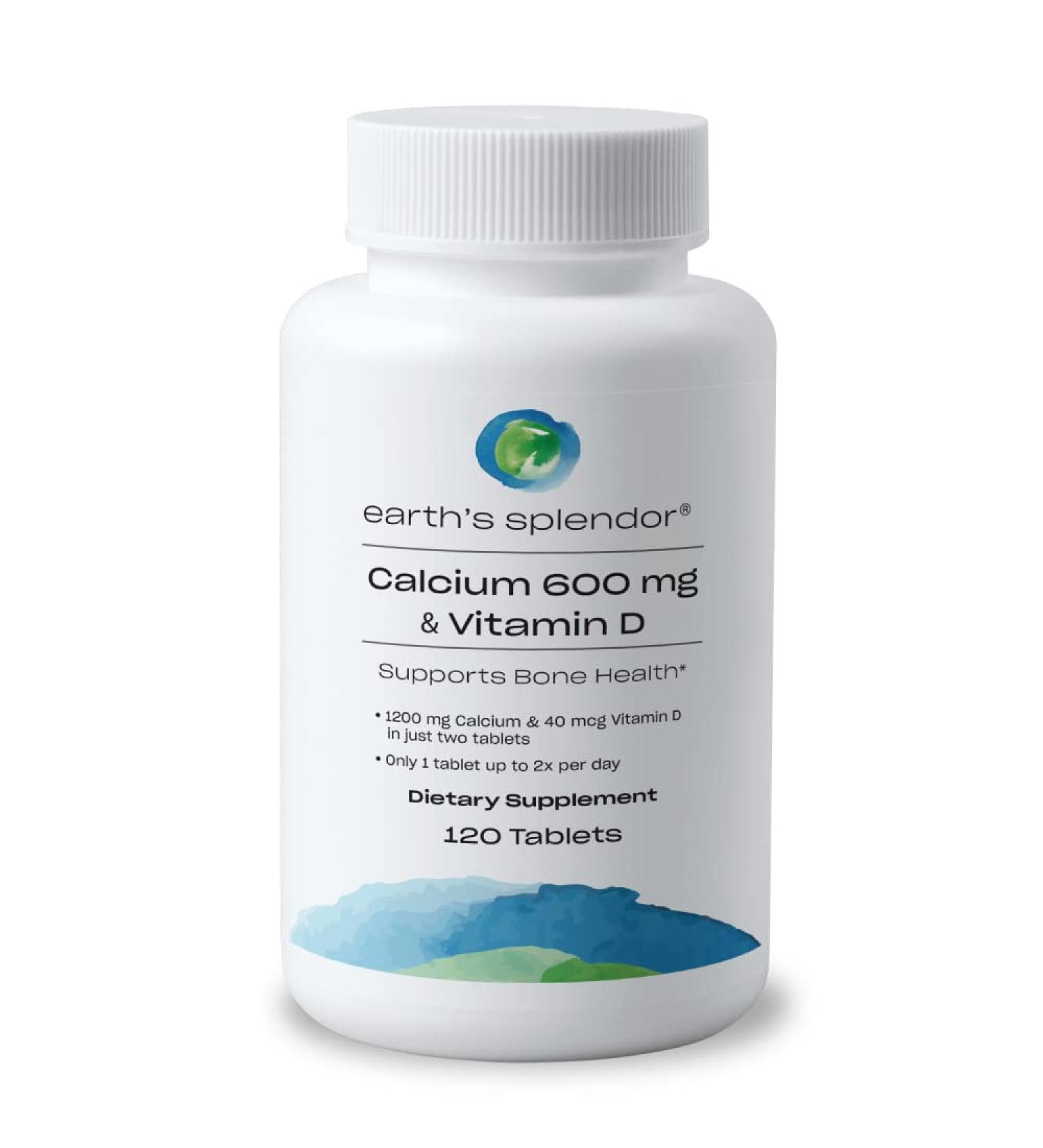 Earth's Splendor Bone Health Support - Calcium & Vitamin D Dietary Supplement for Men & Women - 600mg Calcium, 120 Tablets - Buy Online on GoSupps.com