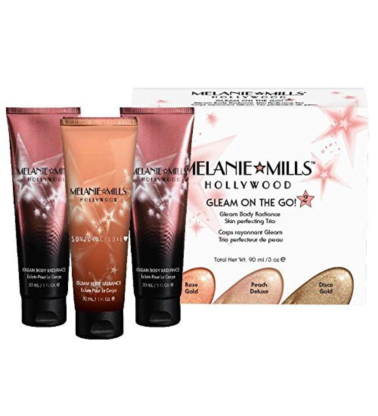 Melanie Mills Hollywood Glow Girl Kit Gleam Face and Body Radiance Moisturizing Body Makeup - Includes Opalescence  Peach Deluxe  Disco Gold  Mini 1 fl.oz. Each