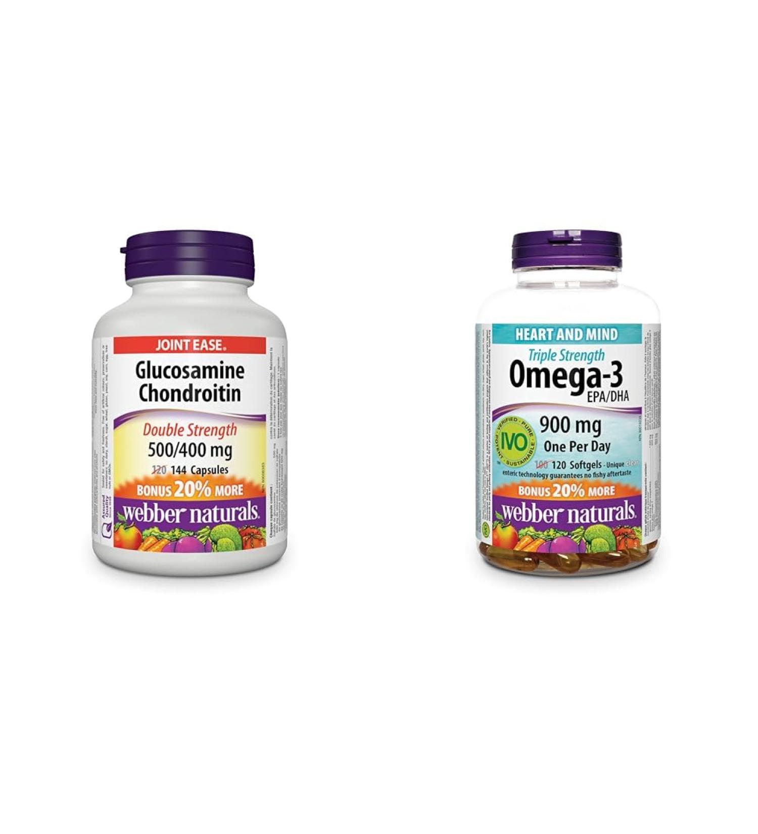 Webber Naturals Glucosamine Chondroitin Double Strength 144 Capsules & Omega-3 900 mg Triple Strength 120 Clear Enteric No Fishy Aftertaste Softgels NUTRITIONAL_SUPPLEMENT + SUPPLEMENT 20-5402 - Buy Online on GoSupps.com